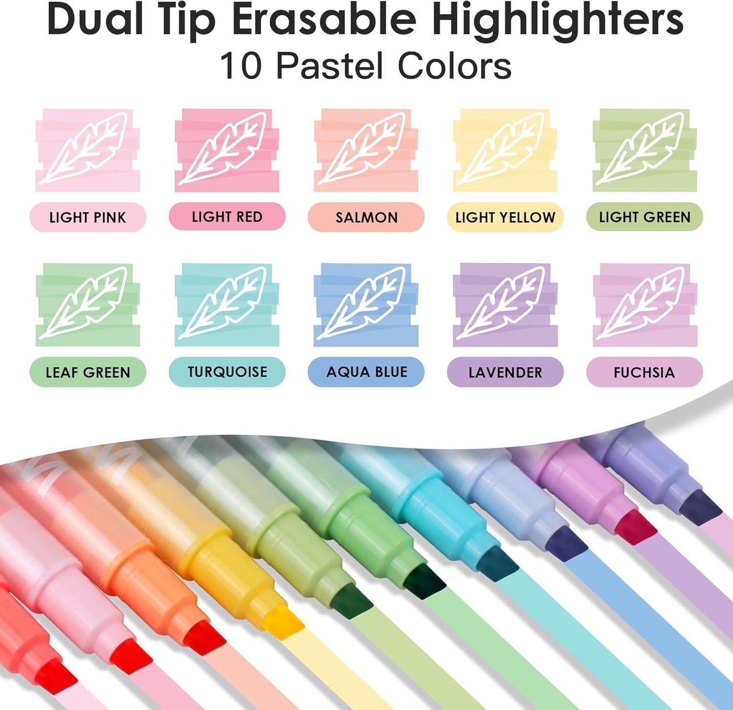 Erasable Highlighters, 10 Pastel Highlighters Assorted Colors, Dual Tip Cute Erasable Highlighter Pens No Bleed Through for Bullet Journaling, Bible Study, School Office Supplies