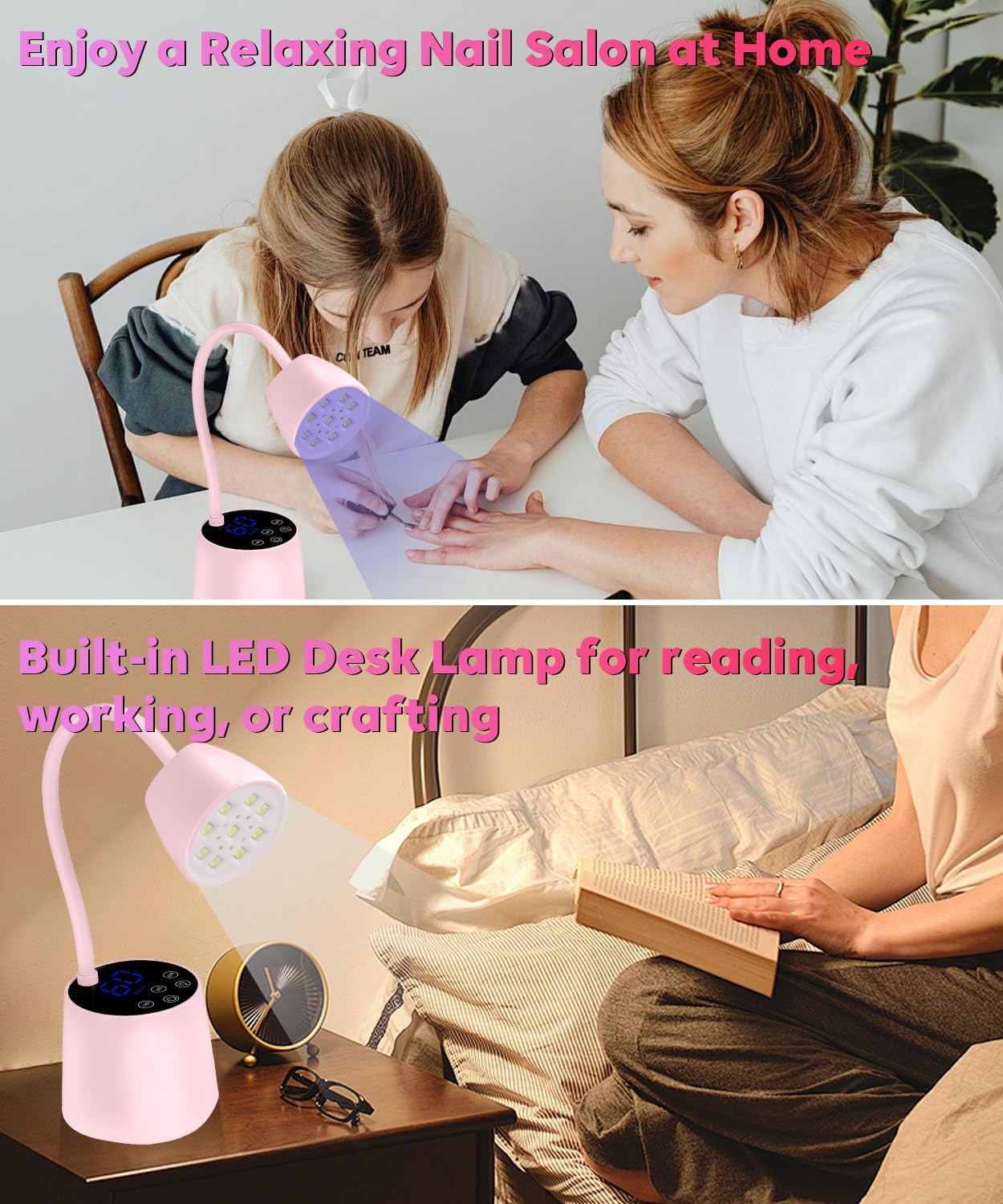UV Nail Lamp, 2 in 1 UV Light for Gel Nails Curing Polish and Desk Lamp,27W Rechargeable LED Nail Light Nail Dryer with 3 Timers & Auto Sensor, Fast Flash Goosenecks Lamp for Home DIY Manicure-Pink