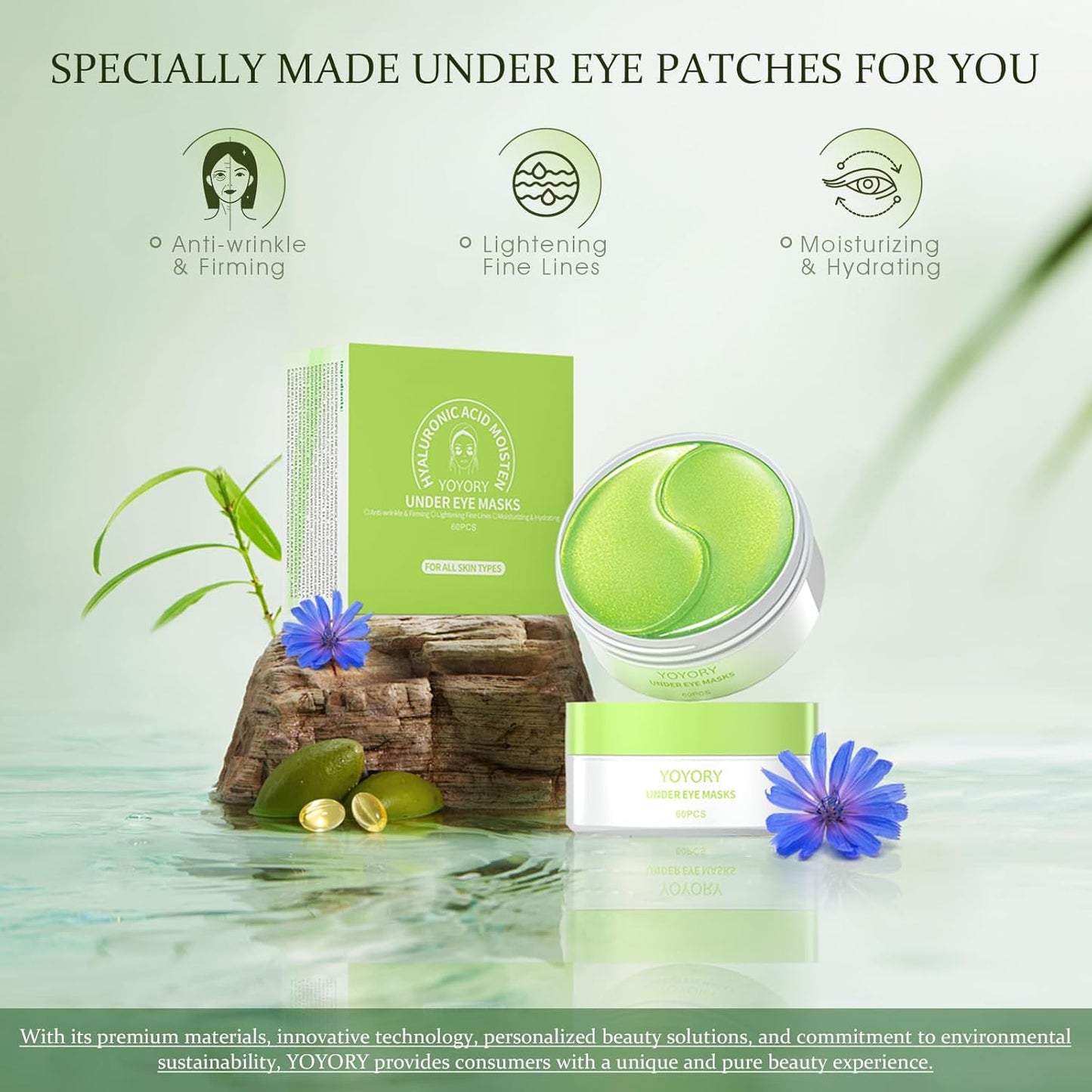 Under Eye Patches Masks - for Eye Bags with Collagen and Hyaluronic Acid, Dark Circles,and Fine Lines, Fade Wrinkles Treatment for Women and Men - 60 Pcs Green
