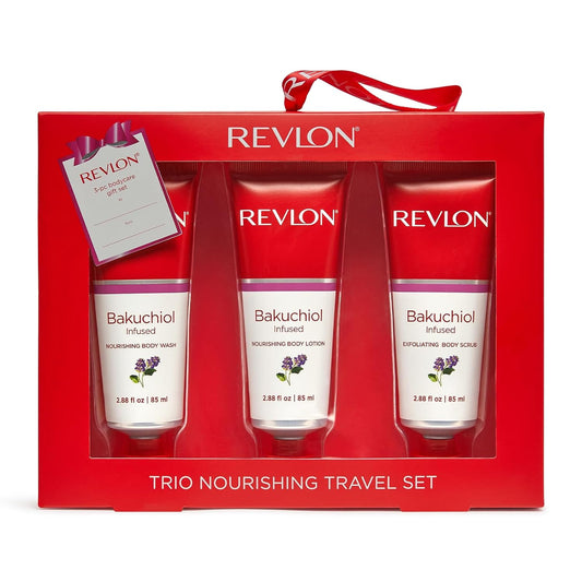 REVLON Get Carried Away Trio Nourishing Travel Set, Bakuchiol Infused, Nourishing Body Wash, Body Lotion, Exfoliating Body Scrub, 3 Count (2.88 fl oz)