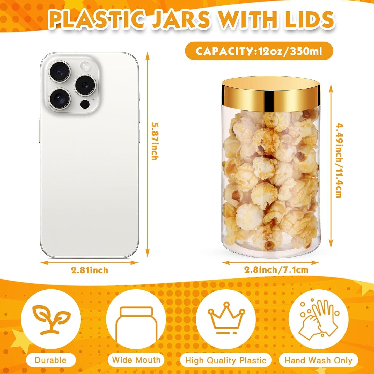 SATINIOR 24 Pieces Empty Clear Plastic Jars with Lids Round Storage Containers Wide Mouth for Beauty Product Cosmetic Cream Lotion Liquid Butter Craft and Food(Gold Lid,12 oz)