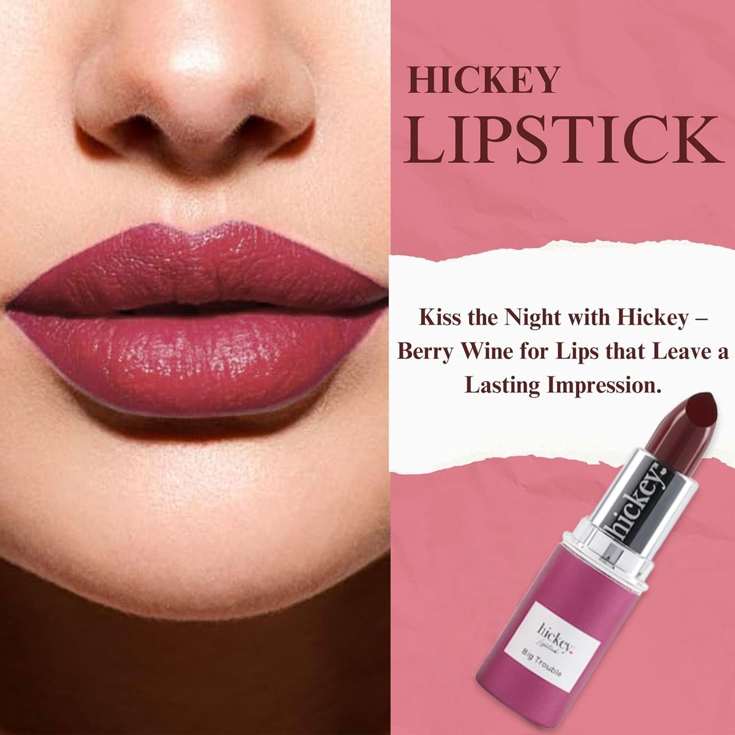 Hickey Lipstick Big Trouble Berry Wine Lipstick Refill - Hydrating & Moisturizing Shade, Lip Color for Women, Berry Lipstick Long Lasting, Gluten-Free & Vegan with Highly Pigmented