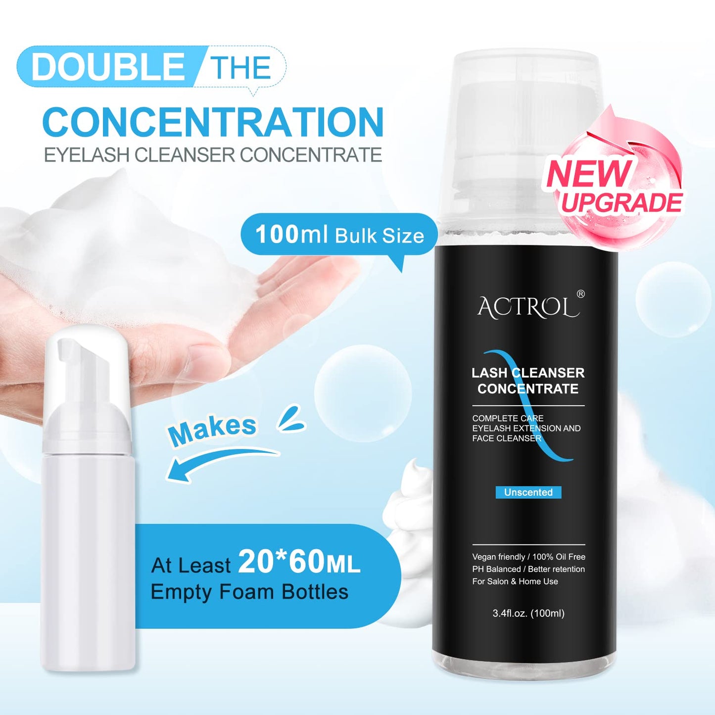 Eyelash Cleanser Concentrate 100ml Unscented Professional Lash Shampoo Foaming Cleanser Wash for Extensions Lashes with Salon Home Care-Makes 20 Bottles
