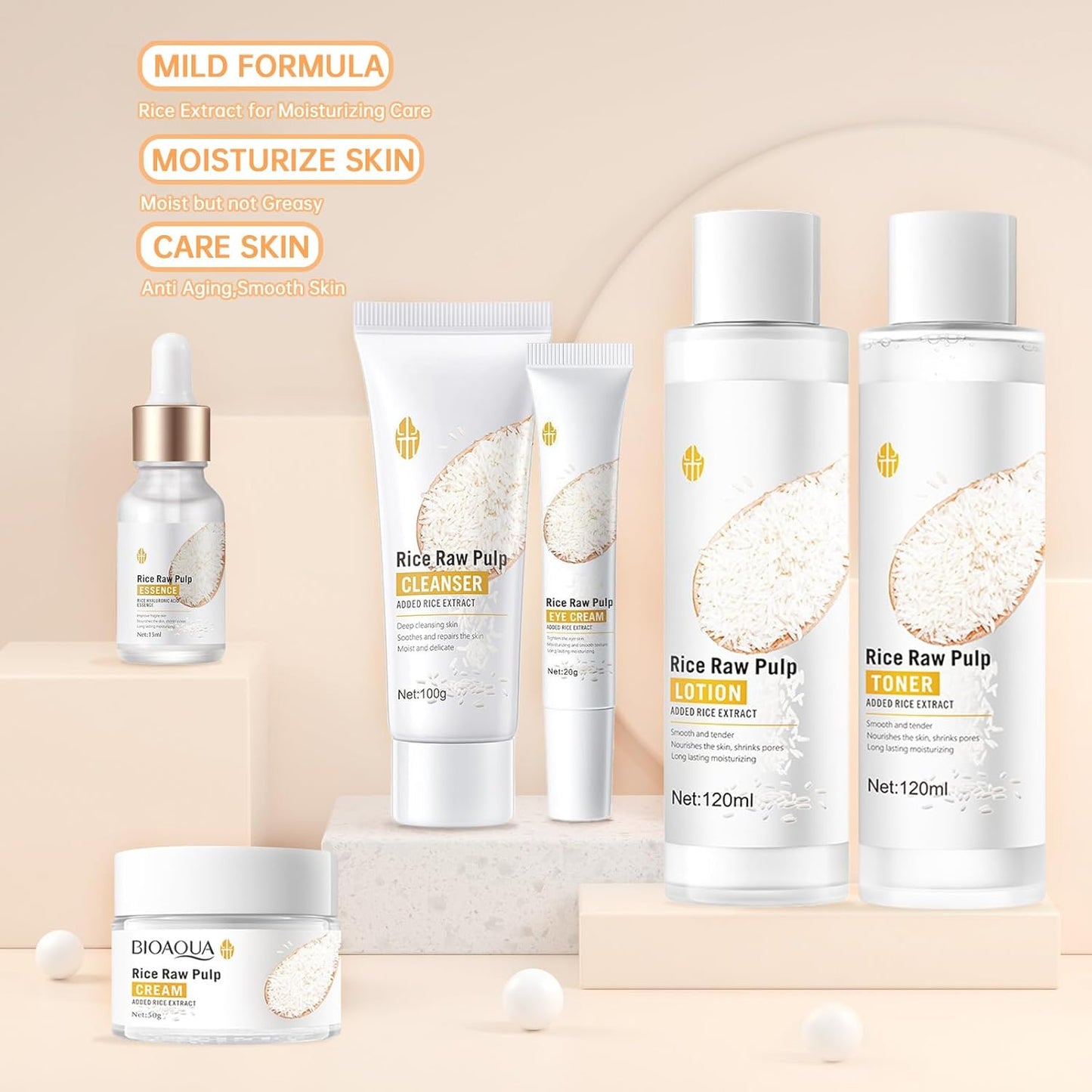 Rice Deep Nourishing Facial Care Set, 6Pcs Face Care Set for Women, Skin Care Set Includes Facial Cleanser, Toner, Lotion, Essence, Cream and Eye Cream.