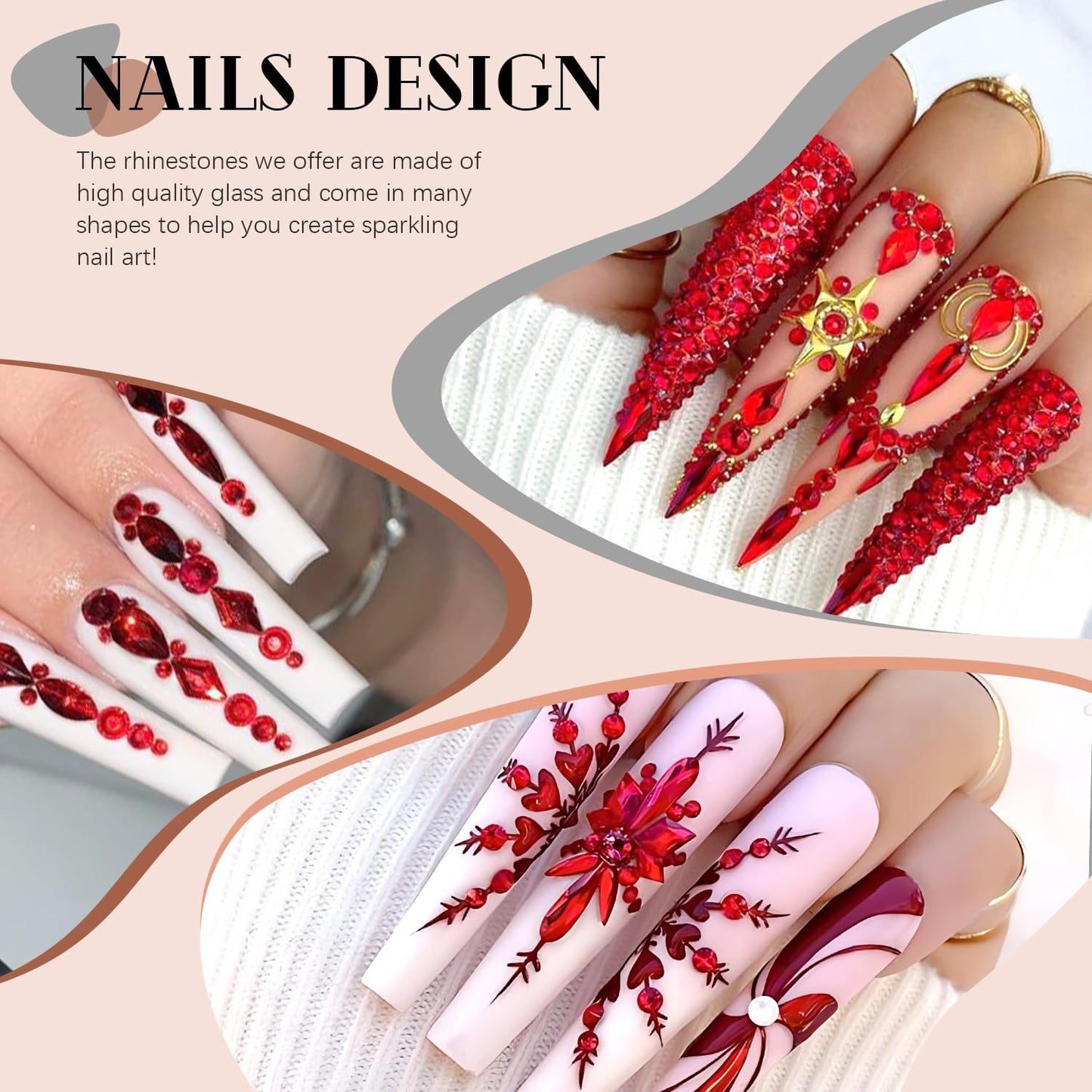 2750Pcs Red Glass Nail Rhinestones 240Pcs Multi Shapes Flatback Nail Gems + 2510Pcs 1.5-4mm Round Crystal, Manicure Nail Charms Diamond Gemstones for Acrylic Nails Decoration