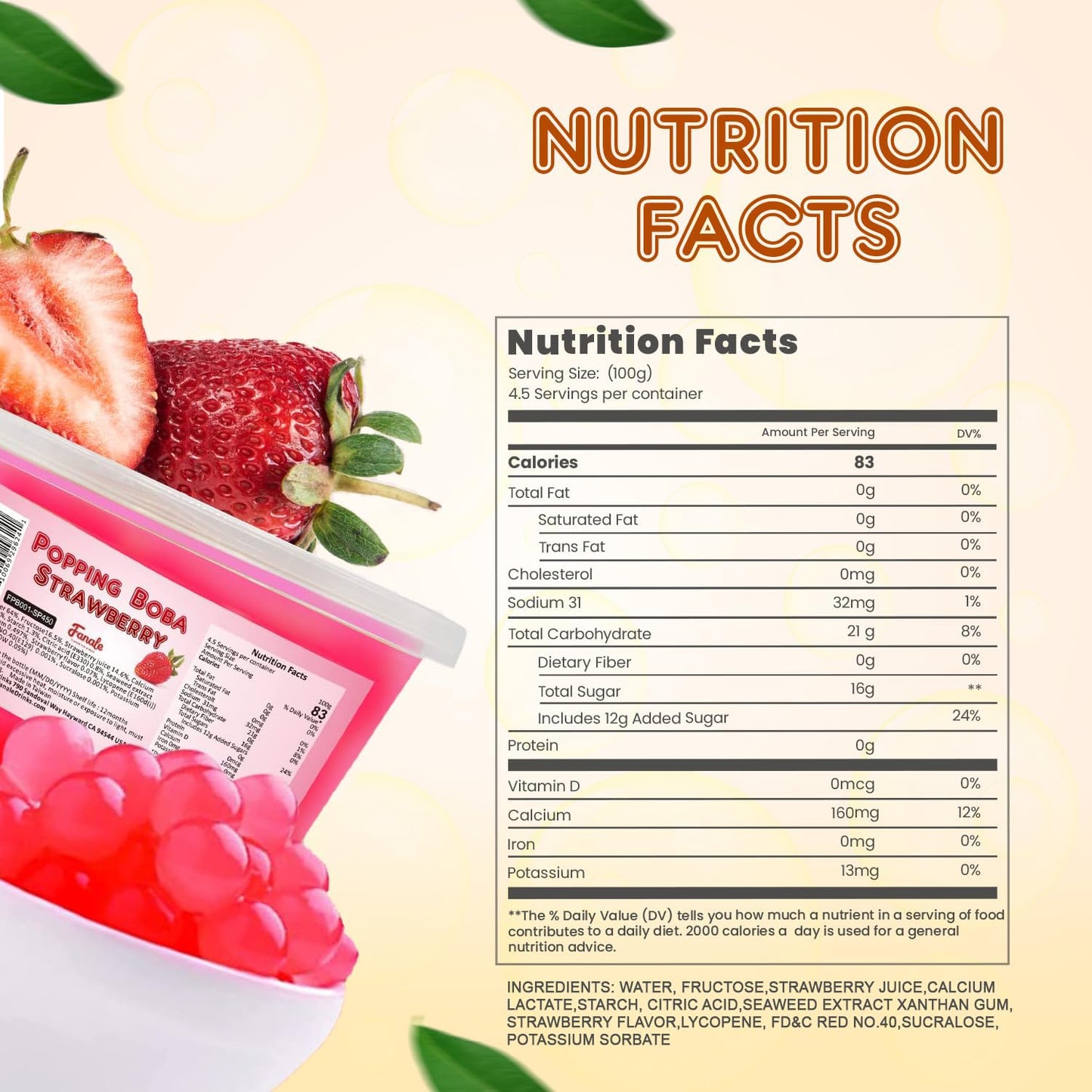 Fanale Popping Boba Pearls for Bubble Tea - 2 lb (1 lb X 2) | Strawberry | Bursting Boba Pearls Bubble 450g X 2 | Fruit Juice Flavor for Shakes, Dessert, Smoothie | FPB001-SP450 X 2