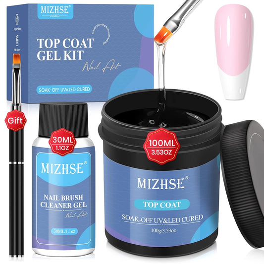 MIZHSE 100ML No Wipe Gel Top Coat - High Gloss Shine Finish Long Lasting Top Coat Nail Polish, Super Large Capacity Soak Off Nail Lamp Polish Finish with Brush & Brush Cleaner Gel, Gift Kit for Women