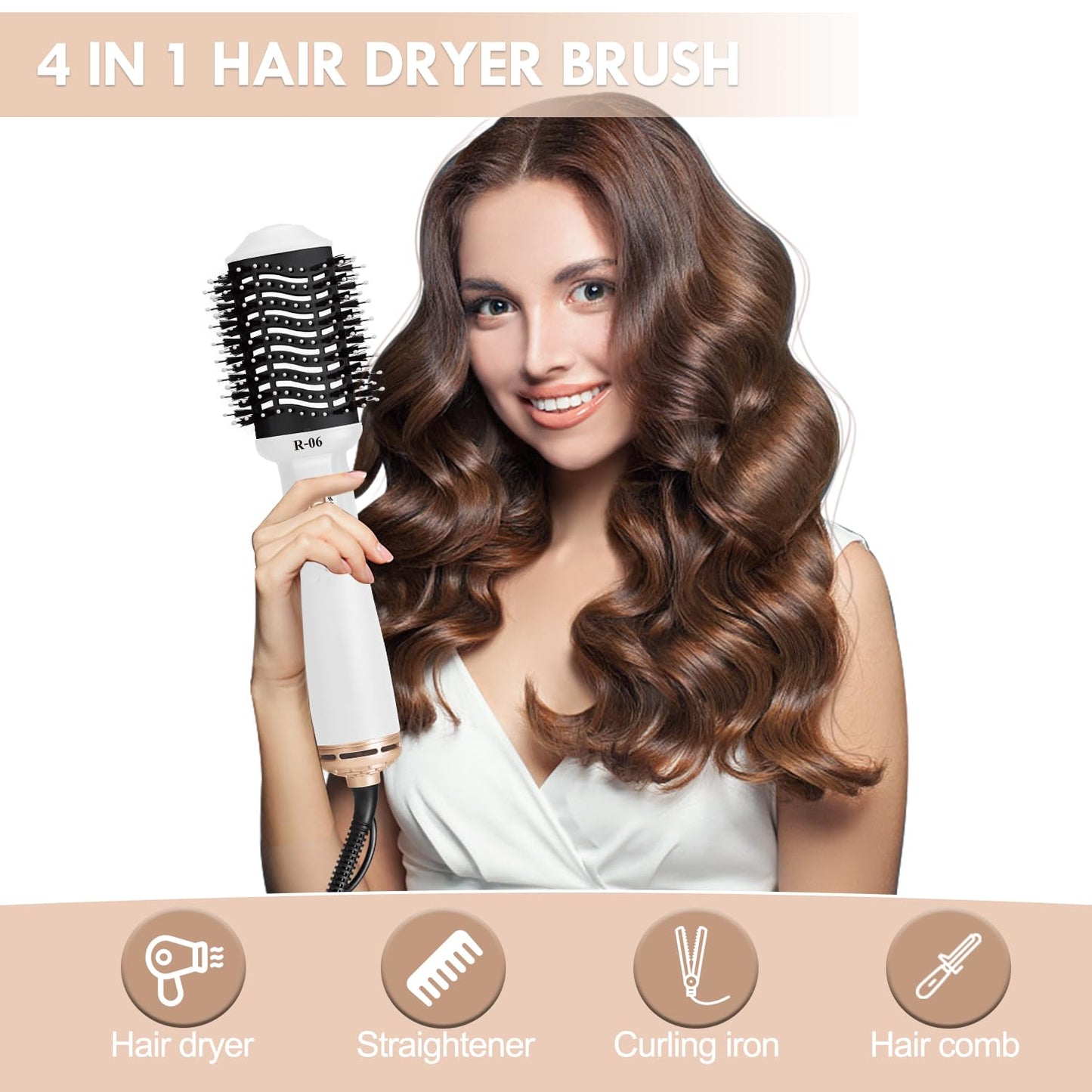 Hair Dryer Blow Dryer Brush in One, 4 in 1 Hair Dryer and Styler Volumizer with Oval Barrel, Professional Salon Hot Air Brush for All Hair Types, Bright White