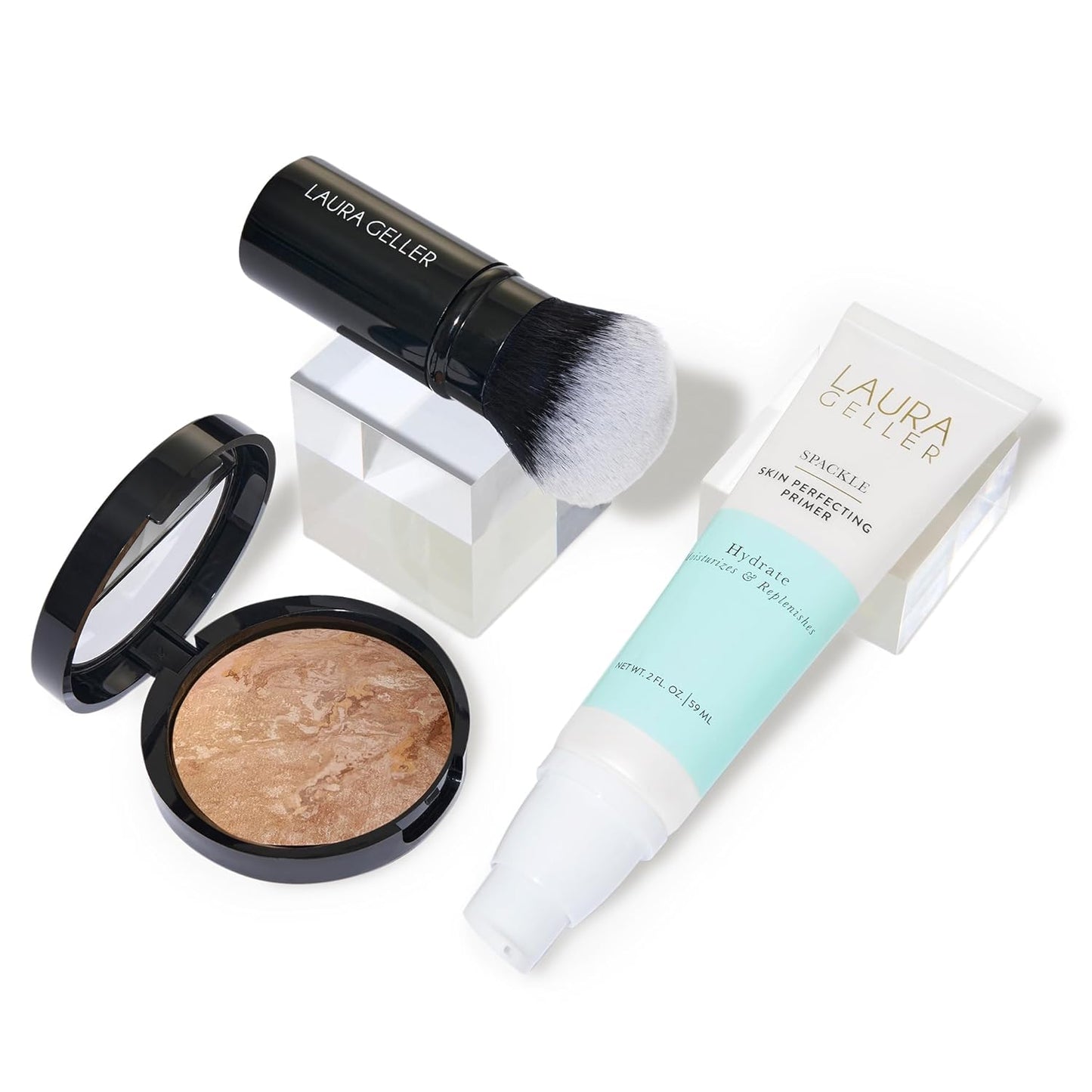 LAURA GELLER NEW YORK Laura's Must-Haves Kit 3pc: Baked Balance-n-Brighten Powder Foundation, Medium + Spackle Skin Perfecting Makeup Primer, Hydrate + Airbrush Round Kabuki Brush