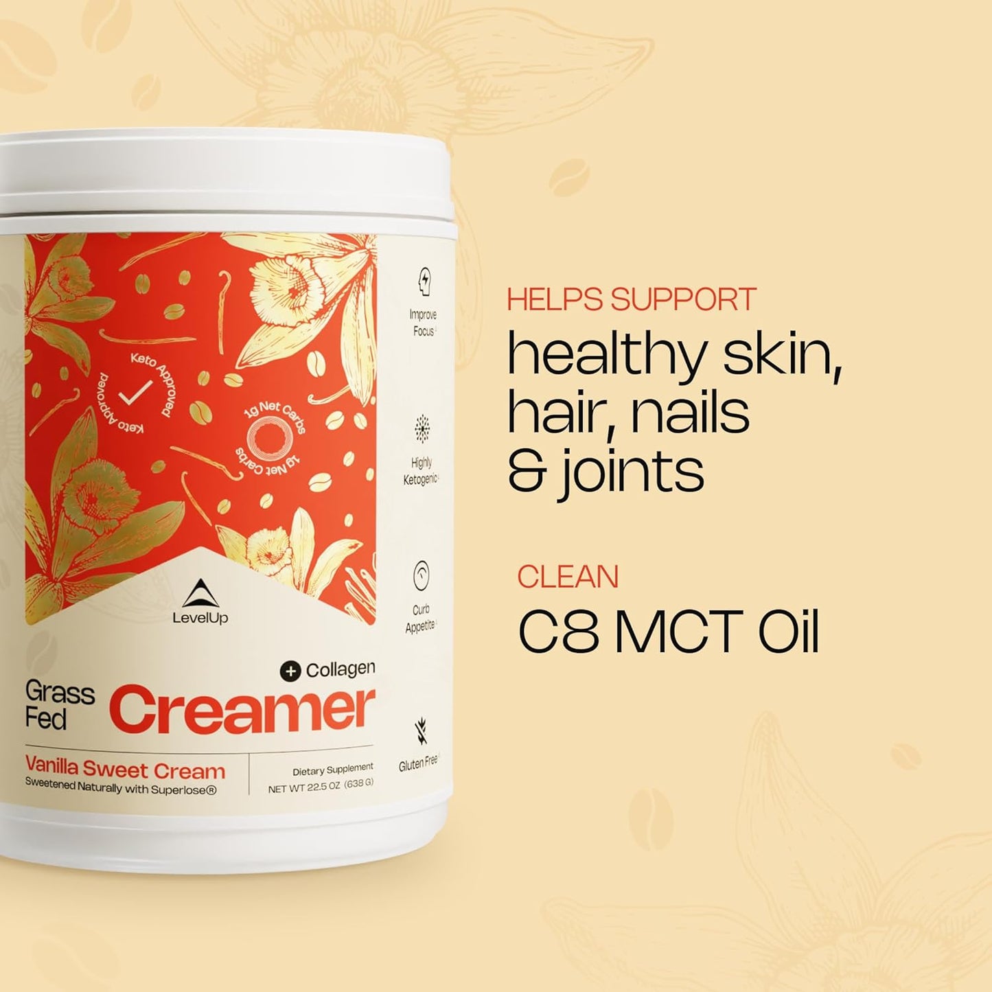 LevelUp Creamer, with Energizing MCT Oil and Collagen Peptides, Keto Coffee Creamer, Supports Natural Energy & Ketone Production - Vanilla Sweet Cream, 11 oz