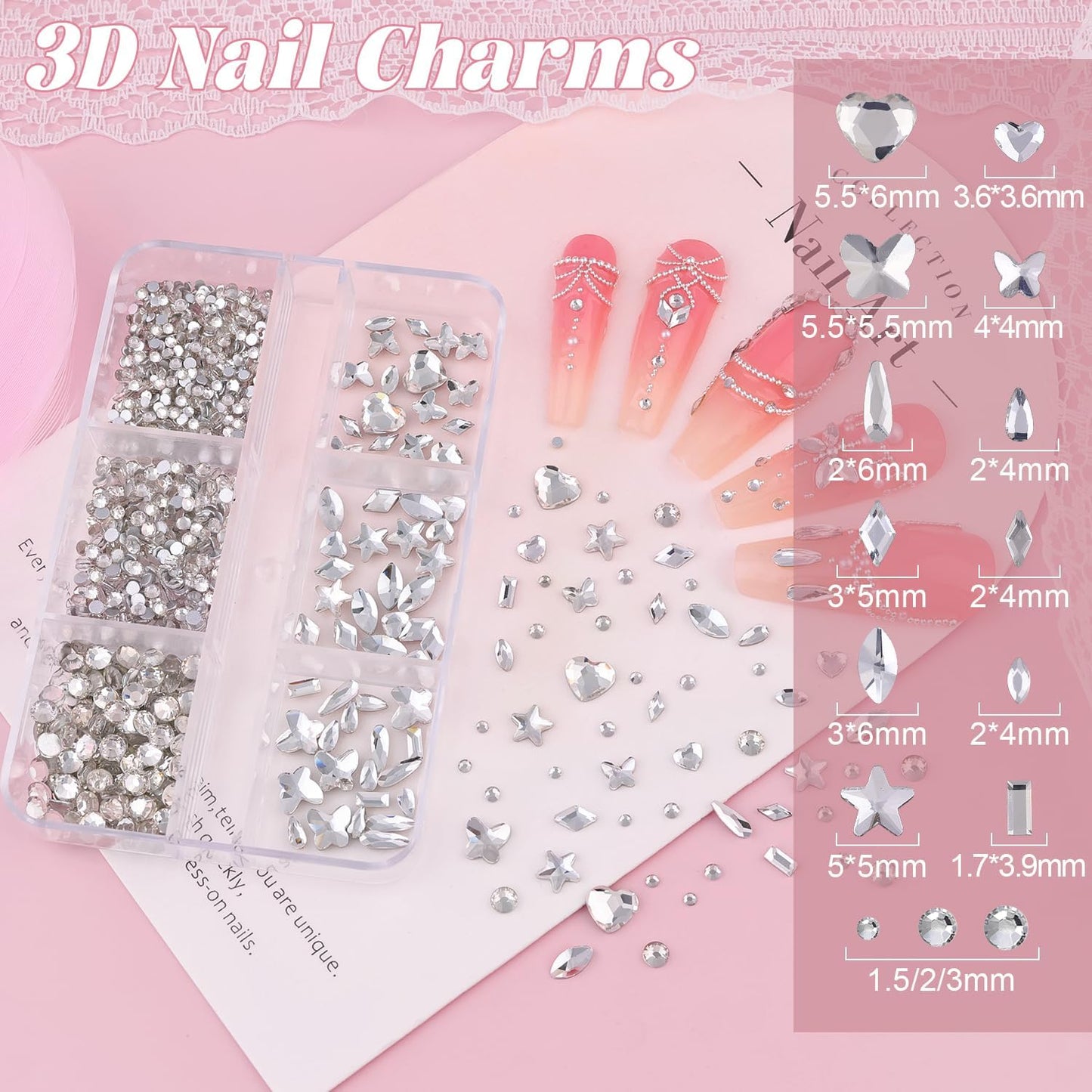 Flatback Pearls (White) and Metal Nail Beads and Glass Rhinestones with Rhinestones Glue Gel for Nail Art, Pearl Nail Charms and Round Caviar Beads Multi Shapes Crystals Gems for Manicure Decor