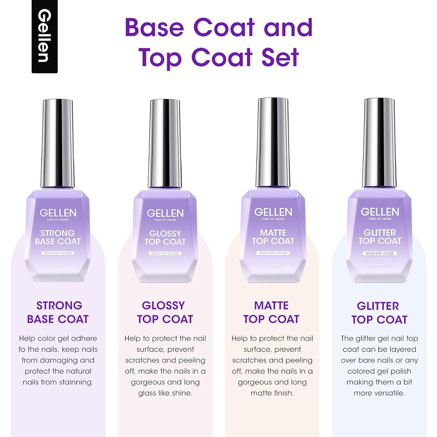 Gellen Gel Top and Base Coat, 4pcs 18ml No Wipe Matte Glossy Glitter Gel Top Coat, Clear UV Base Coat Gel Nail Polish, Soak Off Nail Lamp Gel Base Top Coat Long Lasting Home Gel Manicure