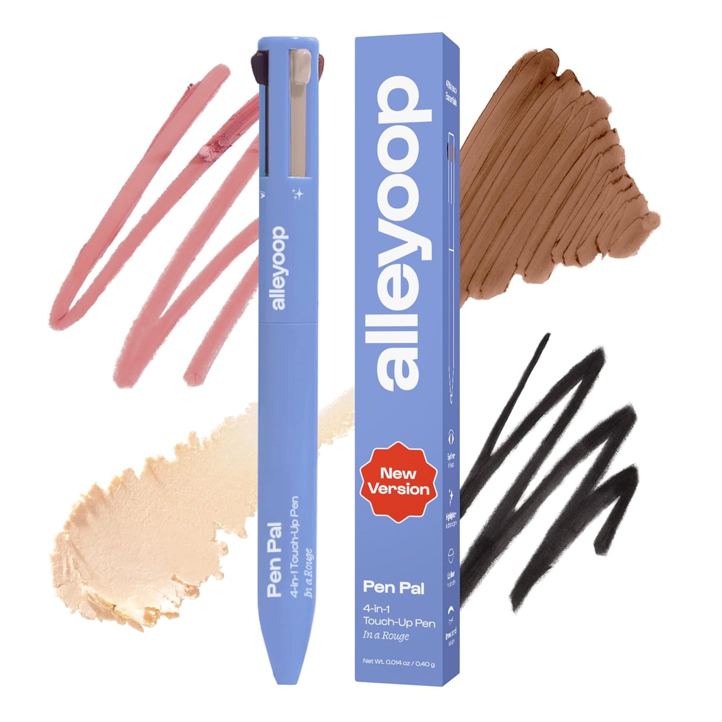 Alleyoop Pen Pal 4-in-1 Makeup Pen - Comes with Eyeliner, Highlighter, Lip Liner, and Eyebrow Pencil - Touch Up On the Go - Cruelty-Free, Vegan (In A Rouge (Light))