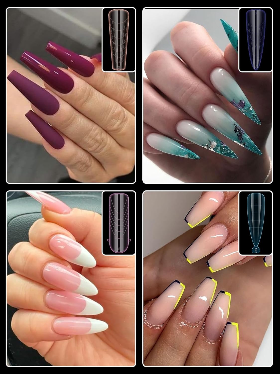 EBANKU Dual Forms for Poly Nail Gel, 288PCS 12 Colors Dual Nail Forms Extension Molds Stiletto Coffin Square Acrylic Nail Tips 12 Shapes for Builder Gel Manicure Nail Art Design Salon DIY at Home