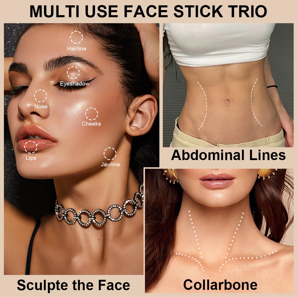 Contour Stick Makeup Kit,3Pcs Bronzer Blush Highlighter Stick Set for Create a Glowing Flawless Look,Non-Greasy Matte Finish Face Stick Trio,Longwear Formula, Include Brush - Medium (#02,05,08)