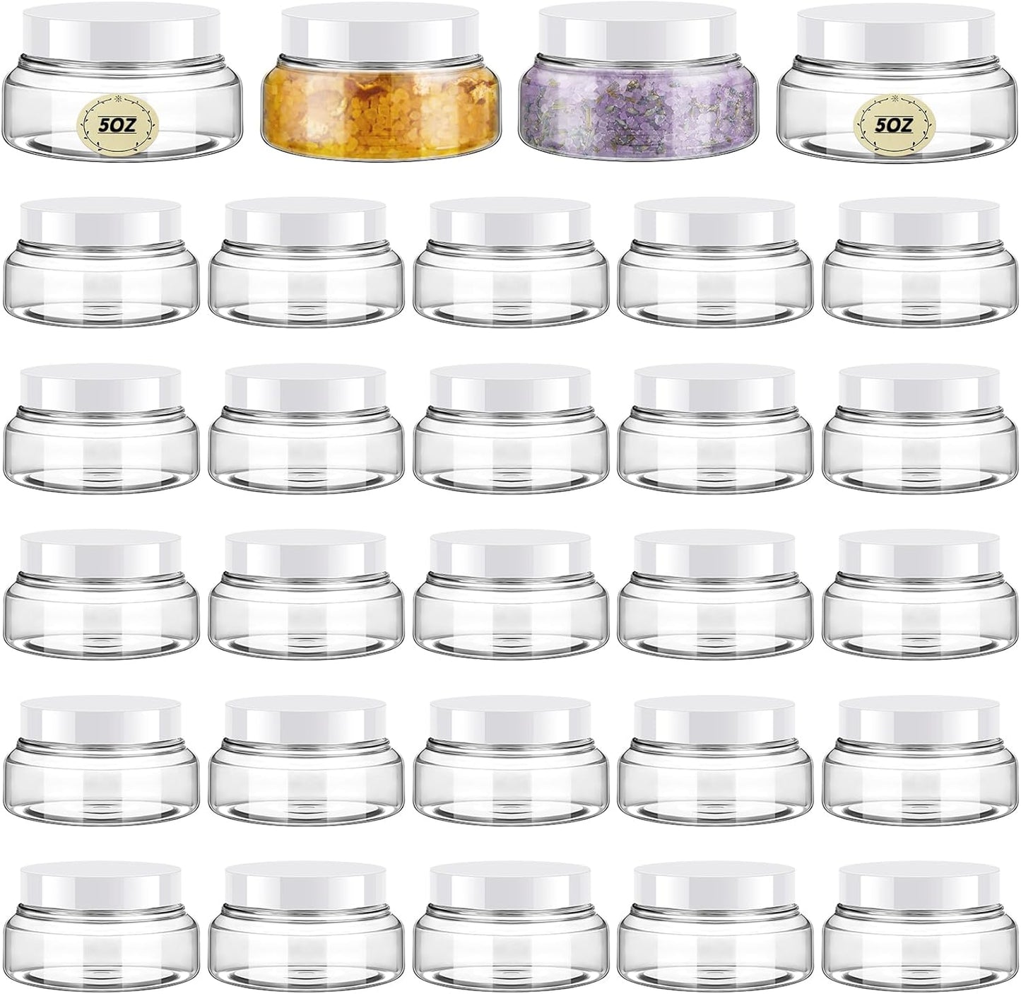 Tessco 24 Pack Plastic Jars with Lids Labels Empty Clear Plastic Jars Round Refillable Cosmetic Containers Body Butter Containers Bulk Sugar Scrub Bottle for Make Up(5 oz,White)