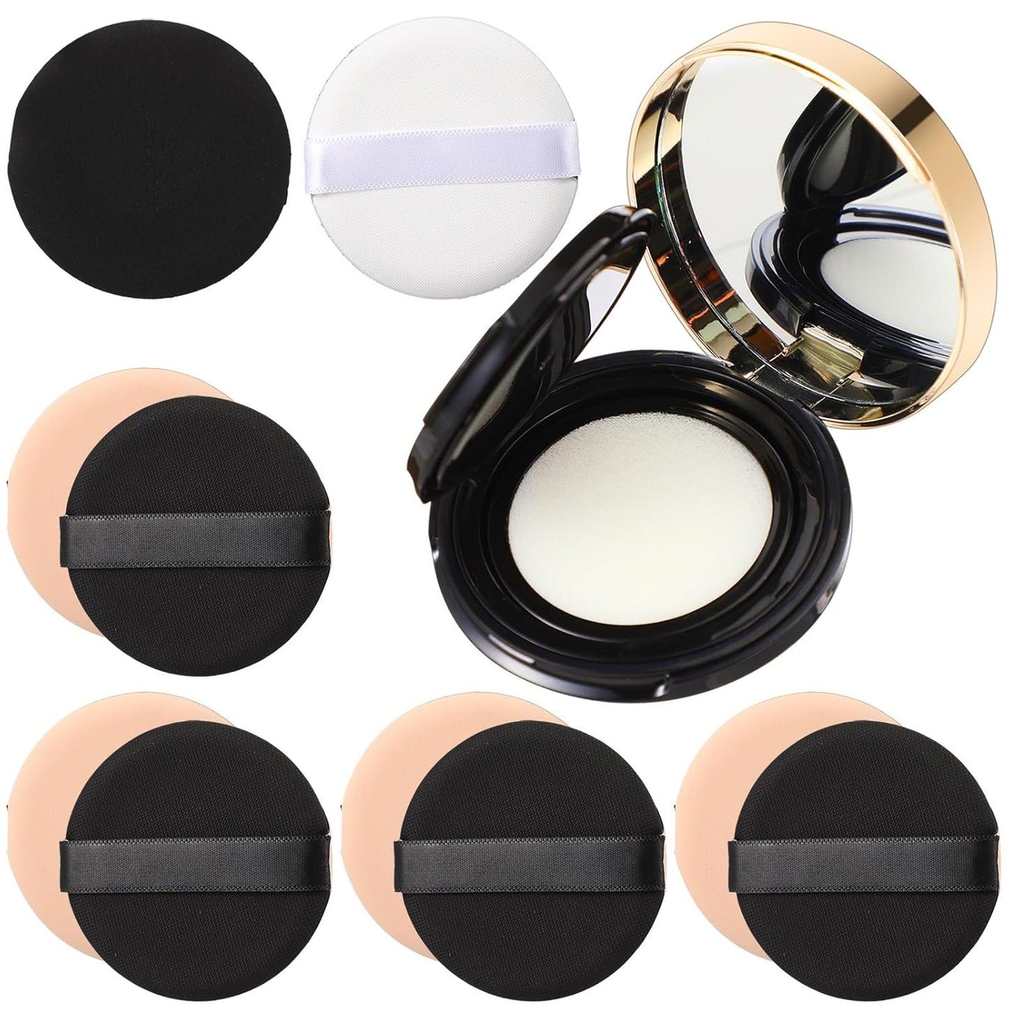 Patelai 7 Pcs 0.5oz Empty Luxurious Air Cushion Puff Box with Sponge Puff and Mirror, Portable Make-up Powder Container Case with Extra Sponges and Puffs, Refillable Foundation Bb Cream Box (Black)