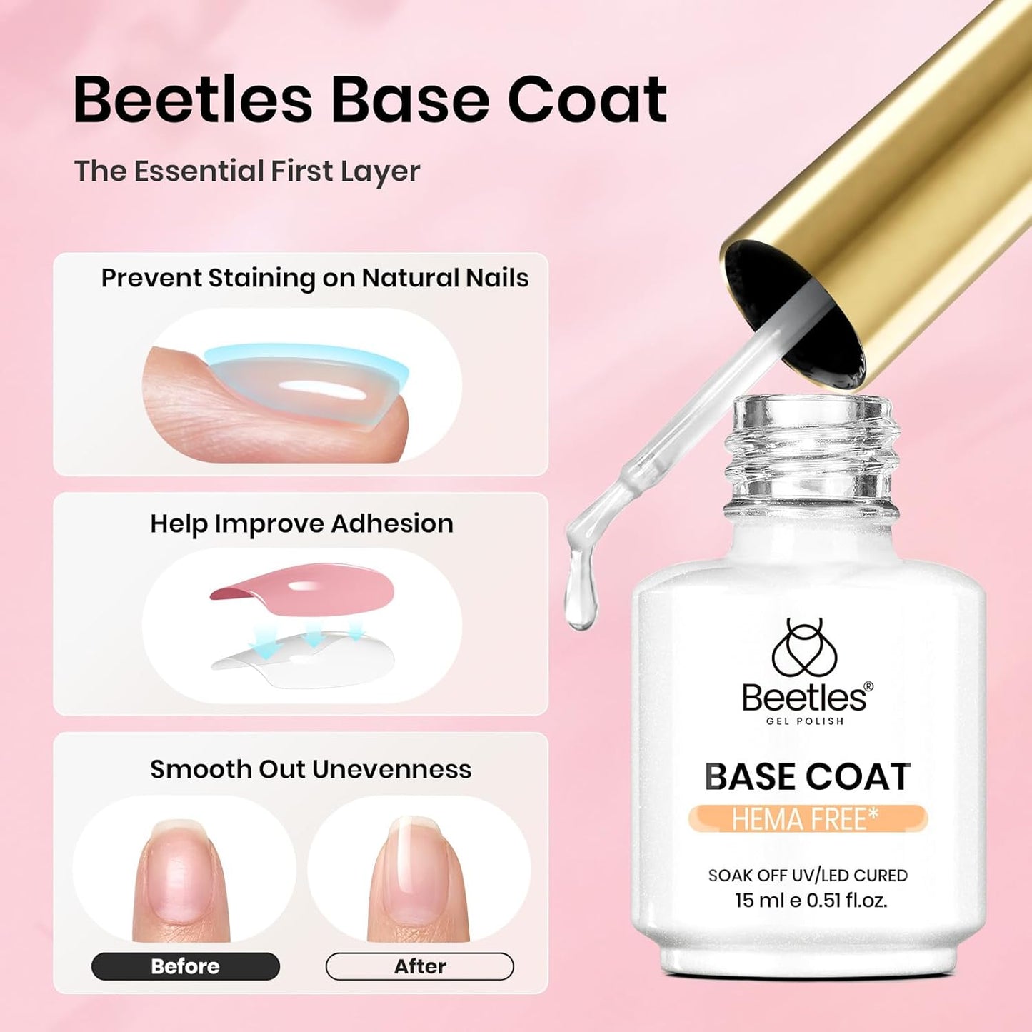 Beetles 15ml Gel Base and Top Coat Set HEMA Free, TPO Free Top Coat Gel Nail Polish & Base Clear Glossy Long Lasting No Wipe Soak Off Upgraded Safe Low-Sensitivity, No More Damaged Gifts for Women