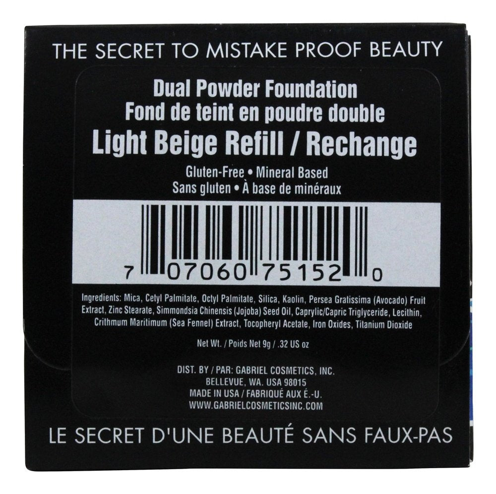 Gabriel Cosmetics Dual Powder Foundation, Natural, Paraben Free, Vegan, Gluten-free, Cruelty-free, Non GMO, Pressed mineral powder, enhanced with Sea Fennel (Light Beige REFILL)