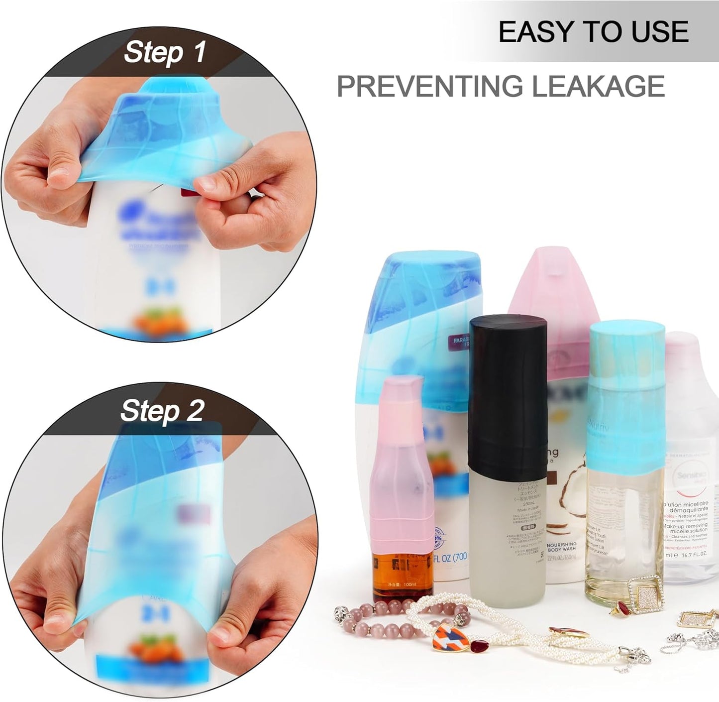 Travel Hanging Toiletry Bag for Women and Men, with 8 Leak Proofing Silicone Bottle Covers, Waterproof Makeup Accessories, Cosmetic Essentials, Toiletries Dopp Kit Set with Jewelry Organizer, Navy