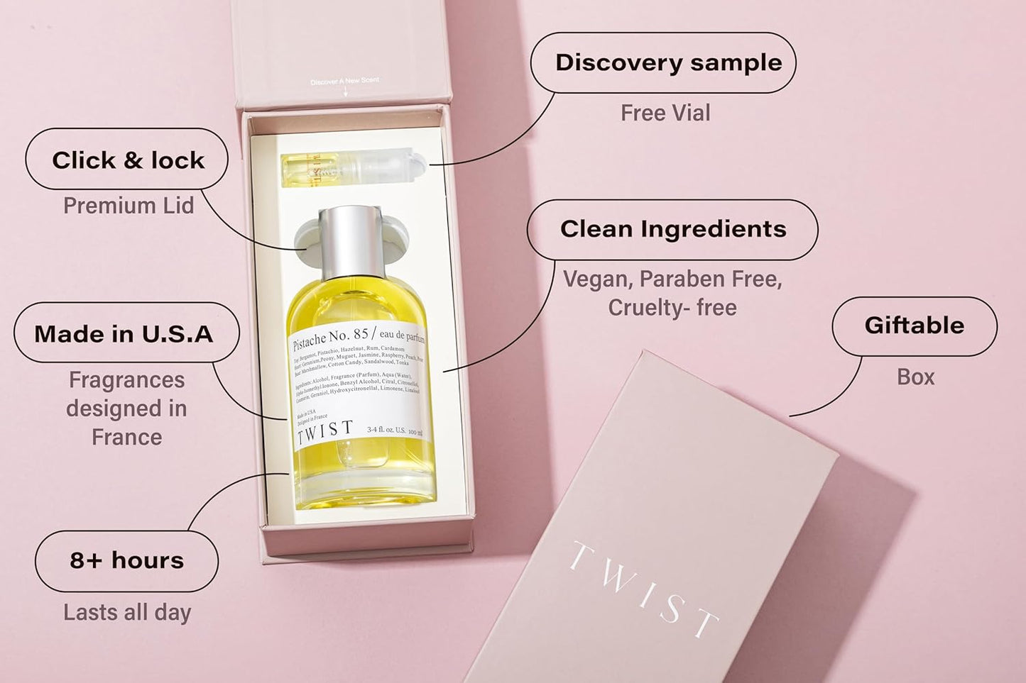 Twist Pistache No. 85 - Inspired by Kay. Yum Pistachio Gelato, Long Lasting Perfume For Women, Paraben Free, Vegan, Clean Ingredients, Fragrance - Spray 100 ml | 3.4 fl. oz.