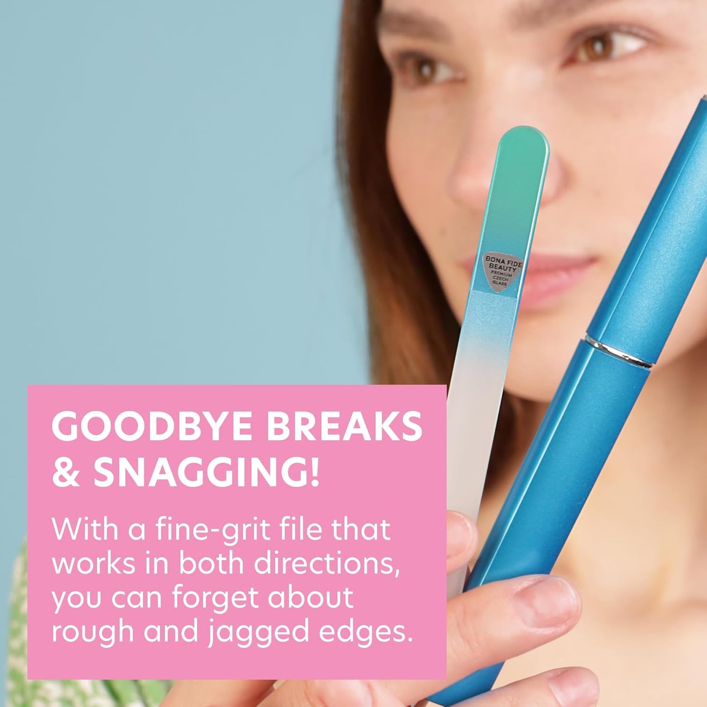 Bona Fide Beauty Glass Nail File with Case (Aqua) - 1 Piece Luxurious Gifts for Women, Crystal Etched Nail File for Natural Nails