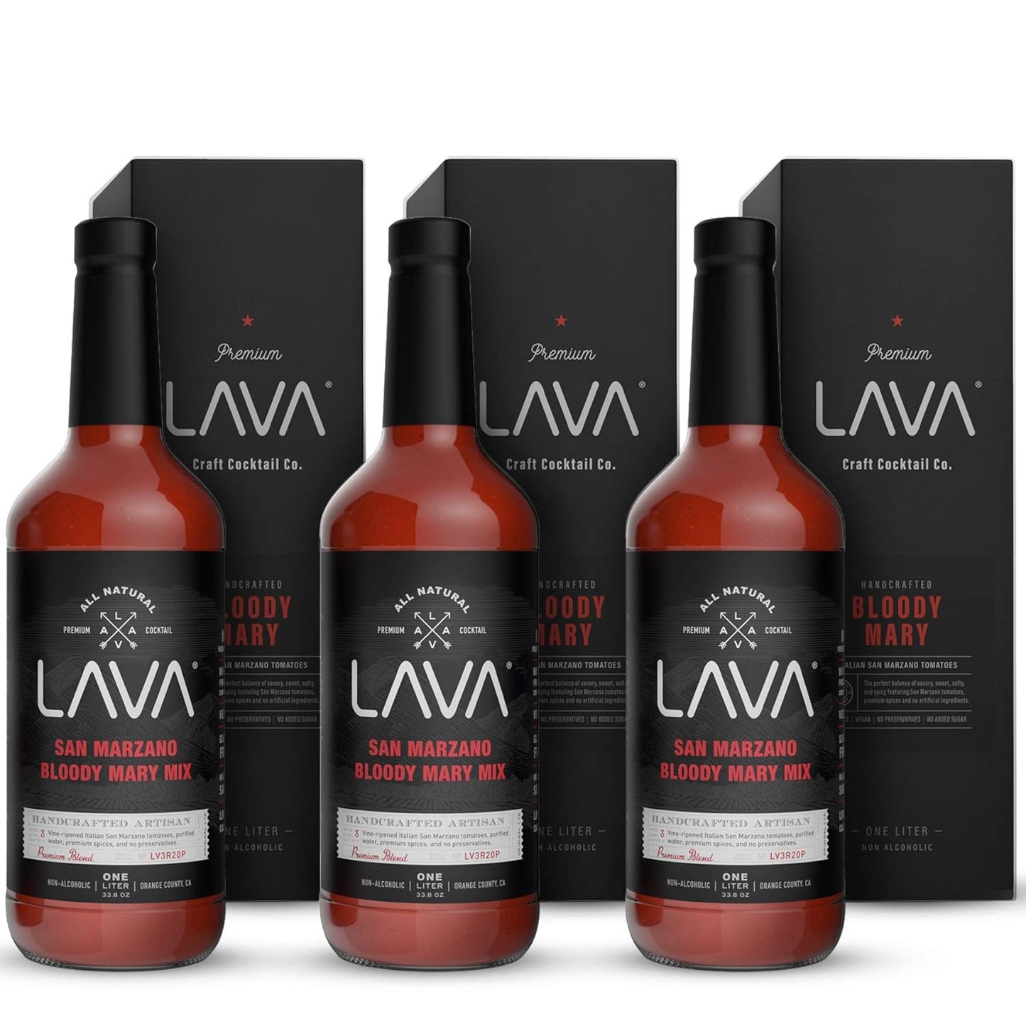 (3 Pack) LAVA Premium Bloody Mary Mix; Italian San Marzano Tomatoes, No Artificial Sweeteners, Vegan, Ready to Use, No Added Sugar, 1-Liter (33.8oz) Glass