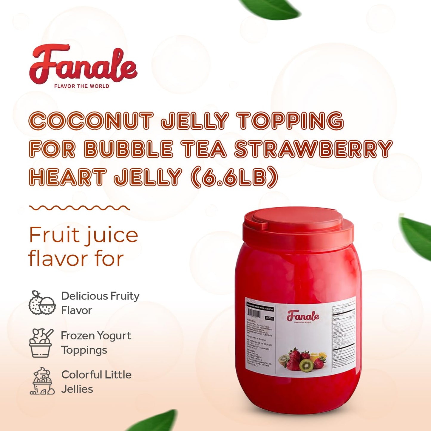Fanale Coconut Jelly Topping nata de coco for Boba Tea | Ice Cream | Yogurt | Smoothie | Milk Tea | Desserts Strawberry Heart Shaped, 6.6 pound (Pack of 4) | JEL026-CS