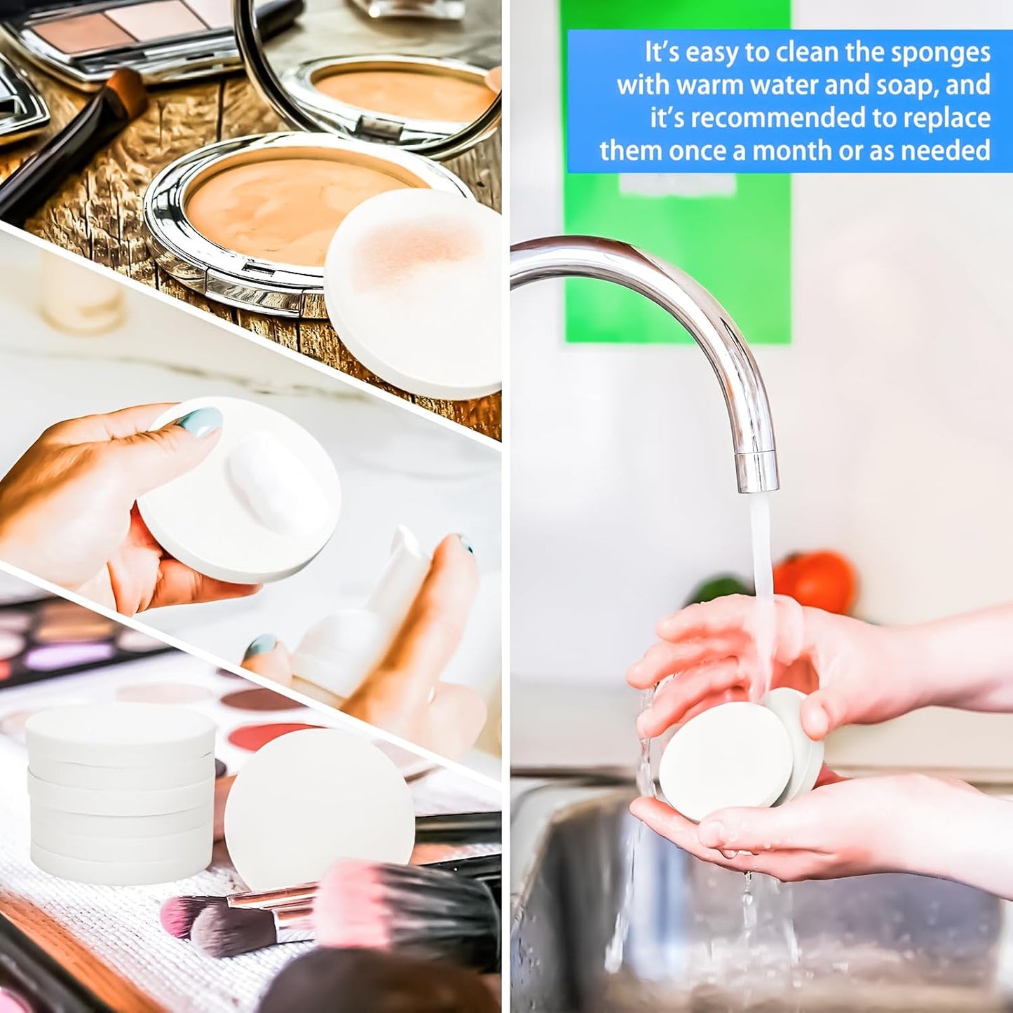 MotBach 100 PCS White Round Makeup Sponge, Cosmetic Sponge Round Foam Pad Eye Facial Powder Puff, Beauty Makeup Foundation Powder Blender for Women Lady All Skin Types Wet and Dry Dual Use