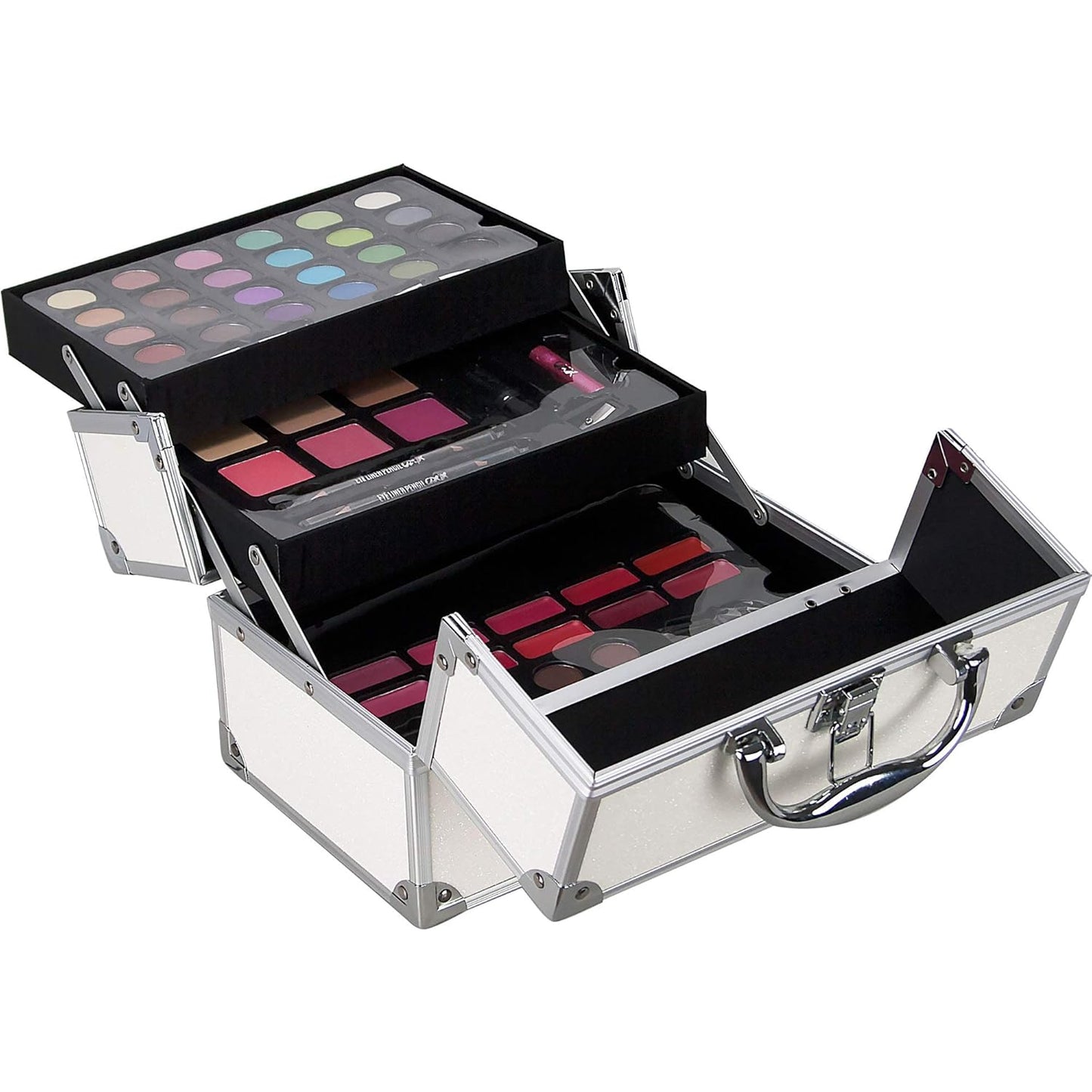 55pcs Makeup Gift Set Kit Train Case With Extendable Trays (eyeshadow, Blushes, Lipstick & More) - Vmk1304, White Glitter