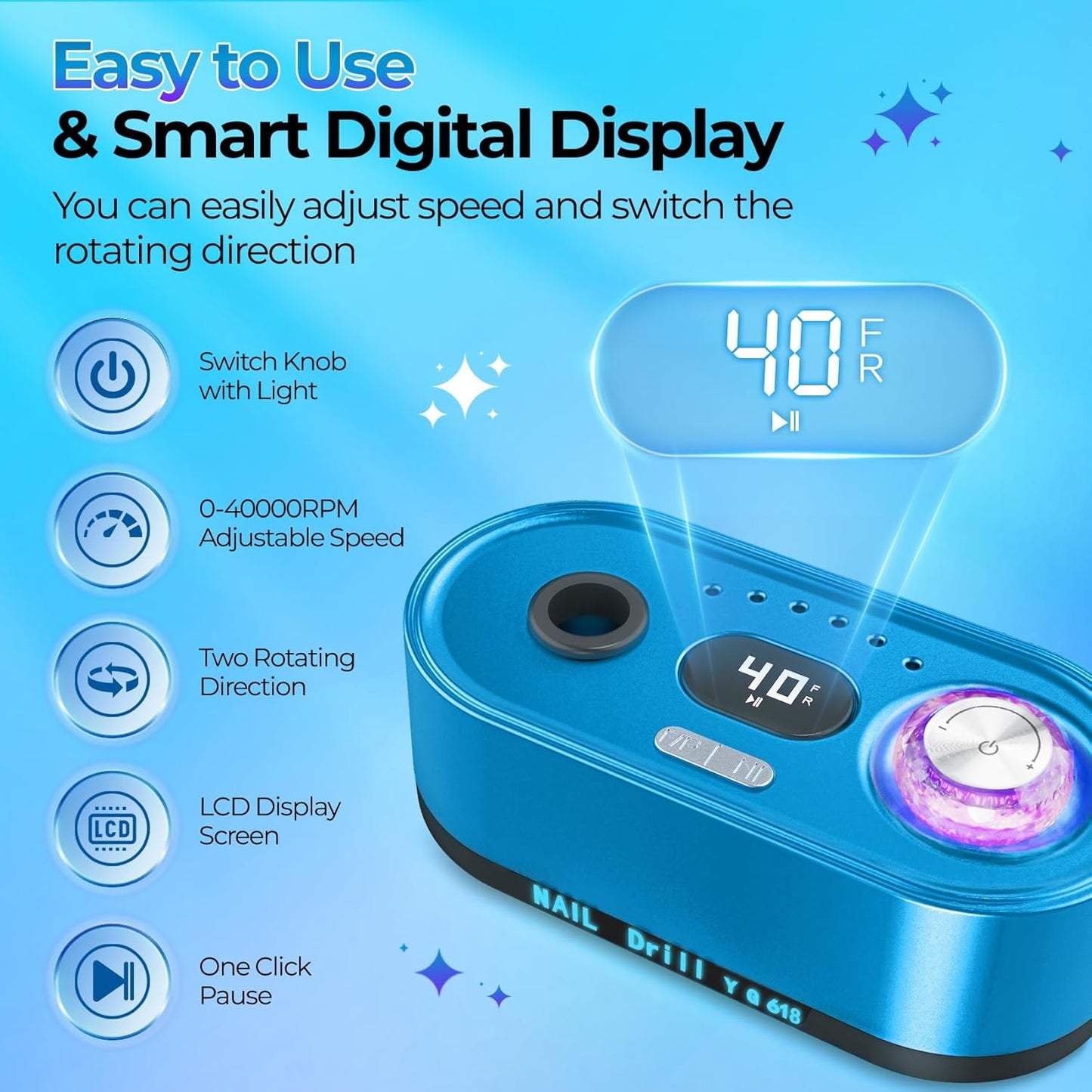 Nail Drill Electric File: 40000RPM Professional E File Kit E File Machine Filer for Shaping, Buffing, Removing Acrylic Gel Nails, Manicure Pedicure Kit with 12Pcs Nail Bits, Home Salon Use