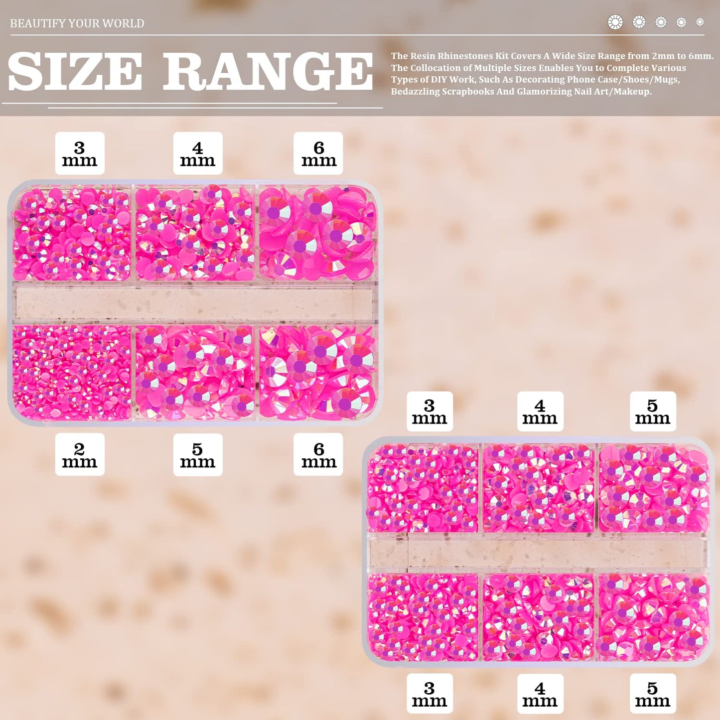 Resin Rhinestones Crafting, 2/3/4/5/6mm Flatback Jelly Rhinestones, 2 Boxes Hot Pink AB Non Hotfix Crystal Gems for Bedazzling Crafts Mugs Tumblers Clothes Makeup Nail