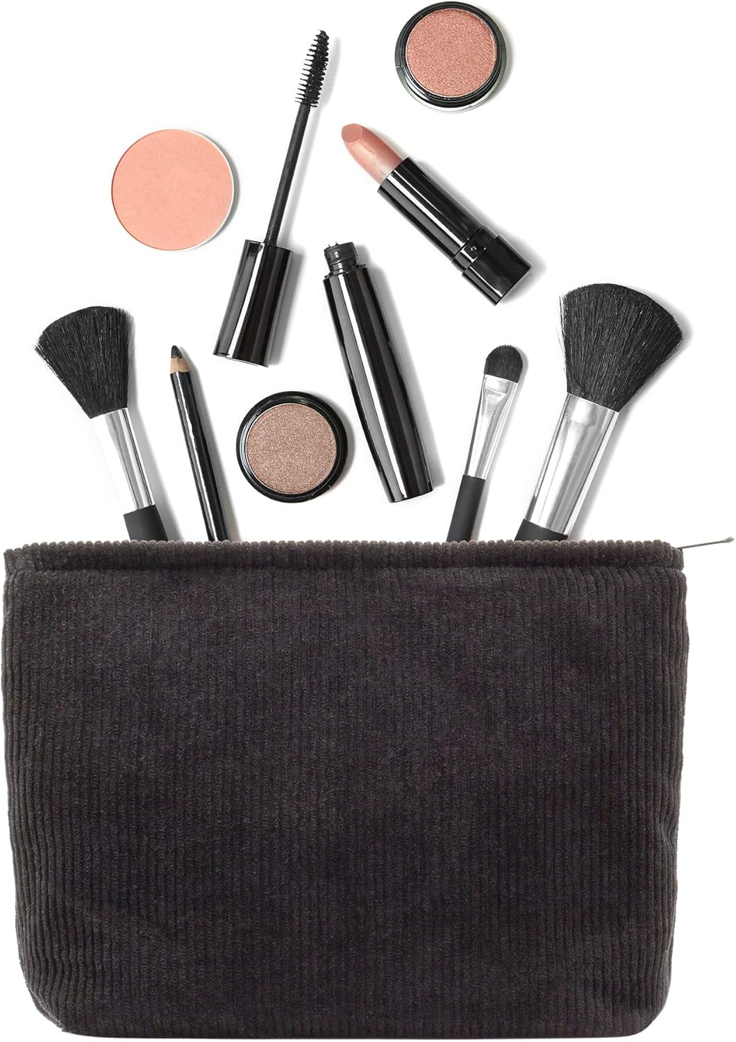 PAZIMIIK Makeup Bag Large Zipper Corduroy Make Up Pouch for Purse Travel Canvas Cosmetic Organizer for Women Brush Storage,Black