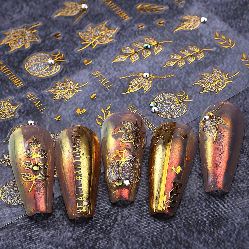 3 Sheets Fall Gold Nail Stickers for Nail Art Cute Gold Pumpkin Nail Decals Autumn Maple Leaf Nail Art Stickers 5D Self-Adhesive Glitter Thanksgiving Day Nail Decoration for Women Nails Design