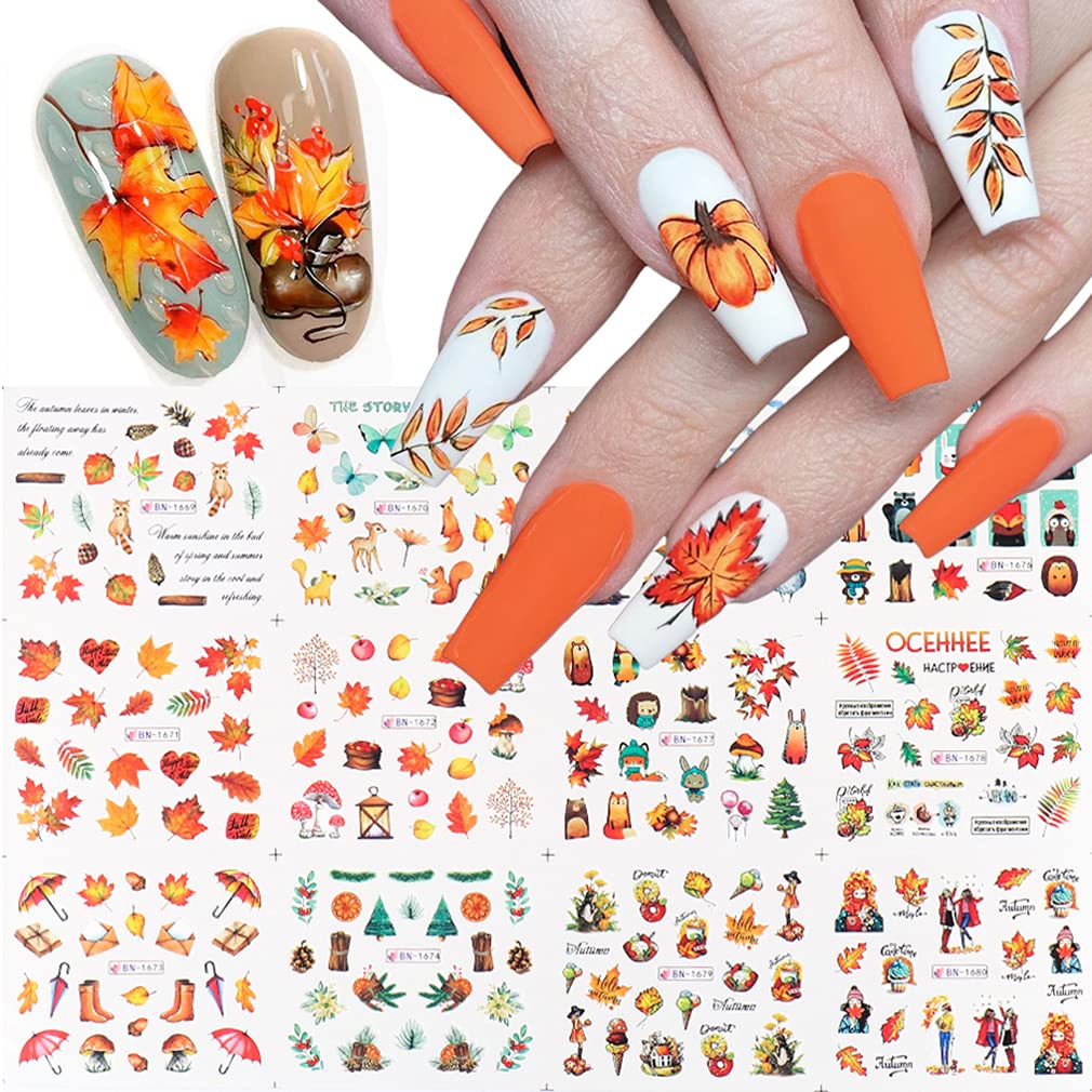 Fall Nail Art Stickers Thanksgiving Nail Decals 24 Sheets Maple Leaves Pumpkin Water Transfer Maple Leaf Turkey Pumpkin Animal Nail Design Sticker for Women Girls Fingernail Tattoos Decoration