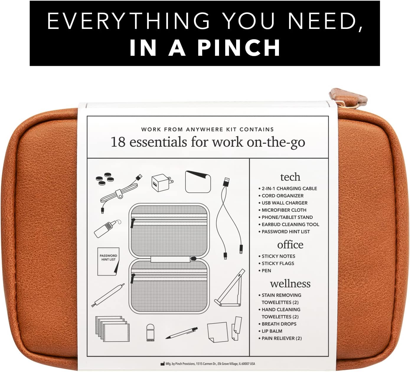 Pinch Provisions Work from Anywhere Kit, Includes 18 Essentials to Help You Stay on Task, Must-Have Essentials, Compact Multi-Functional Double-Pocket Vegan Leather Pouch