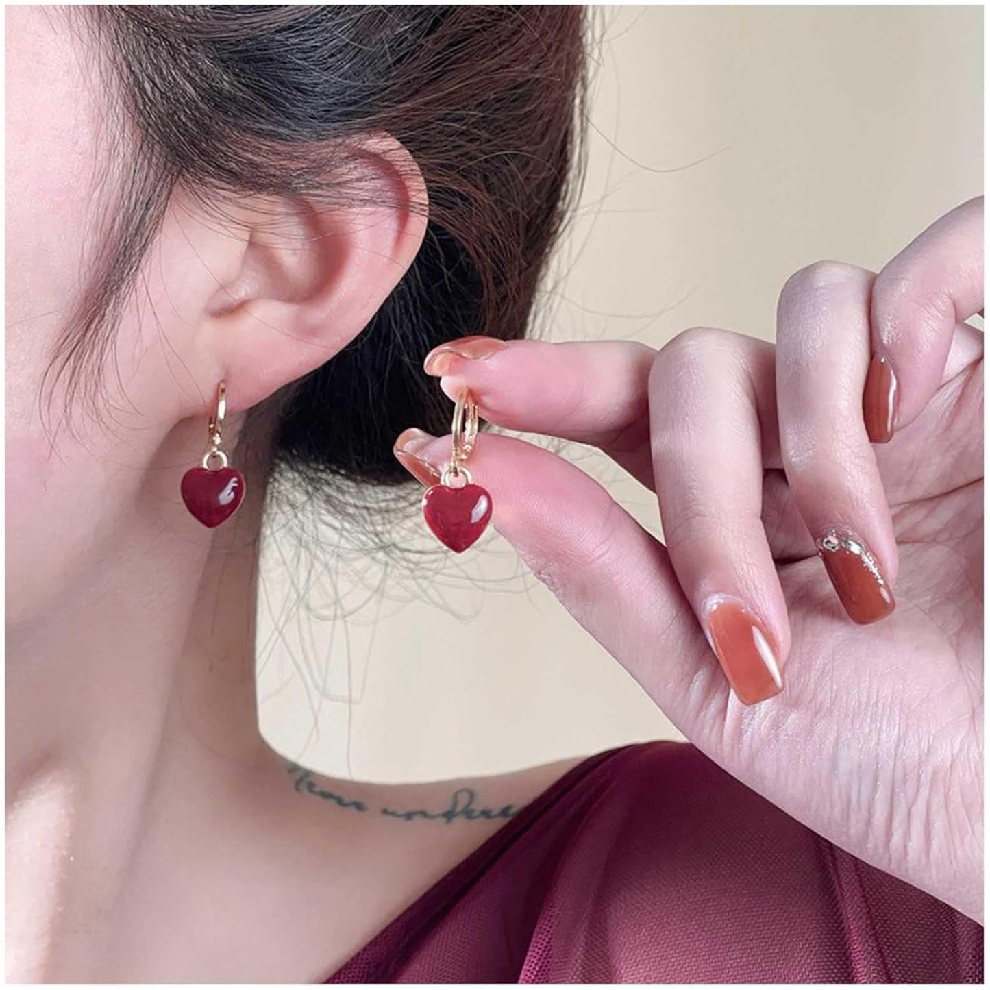 Vintage Heart Dangle earrings Red Coral Earrings Red Heart Love Huggie Earrings Gold Hoop Huggie Earrings Jewelry for Women