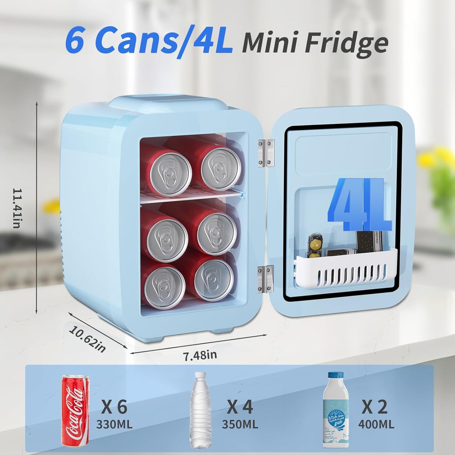 YASHE Mini Fridge, 4 Liter/ 6 Cans Small Refrigerator for Bedroom, 110V AC/ 12V DC Thermoelectric Cooler and Warmer for Drink Office Dorm Car, Blue