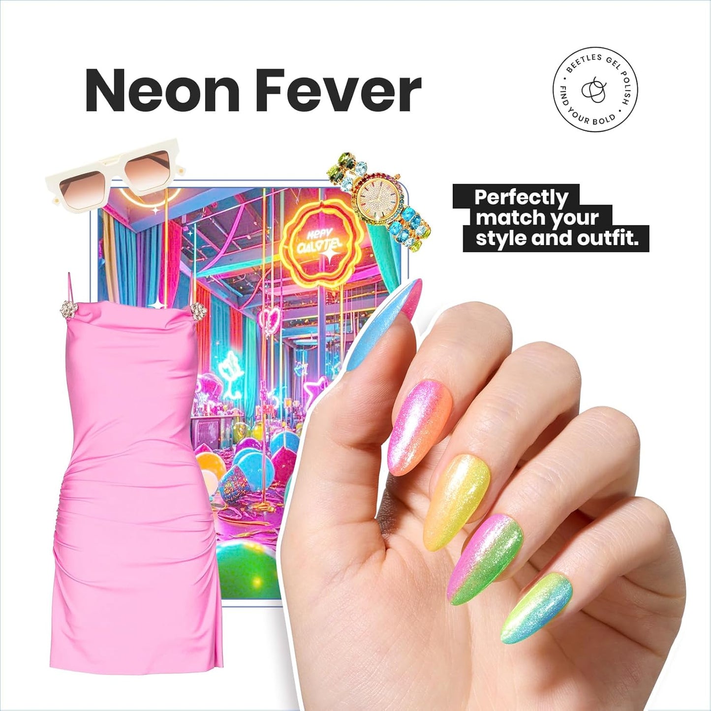 Beetles Neon Nail Polish Set, 6 Colors Glitter Nail Polish Kit Shimmer Pink Blue Green Yellow Orange Neon Fever Quick Dry Fingernail Polish Gifts for Women Salon DIY Manicure Kit