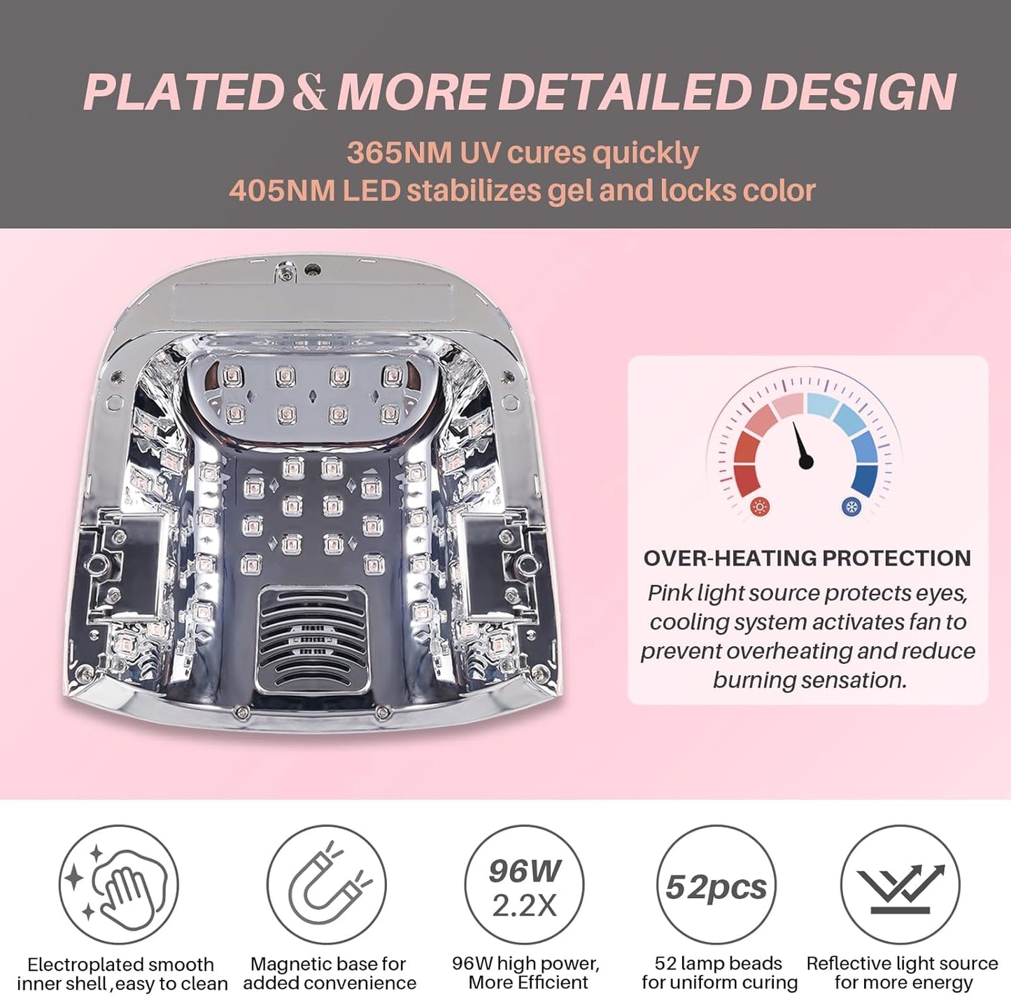 52 LEDs Cordless UV Nail Lamp, 96W High Power, Magnetic Mirror Base,Thumb Light,4 Timers, Auto Sensor, Key Sound, Built-in Cooling Fan,Remote Control Professional UV Light for Gel Nails(Black)