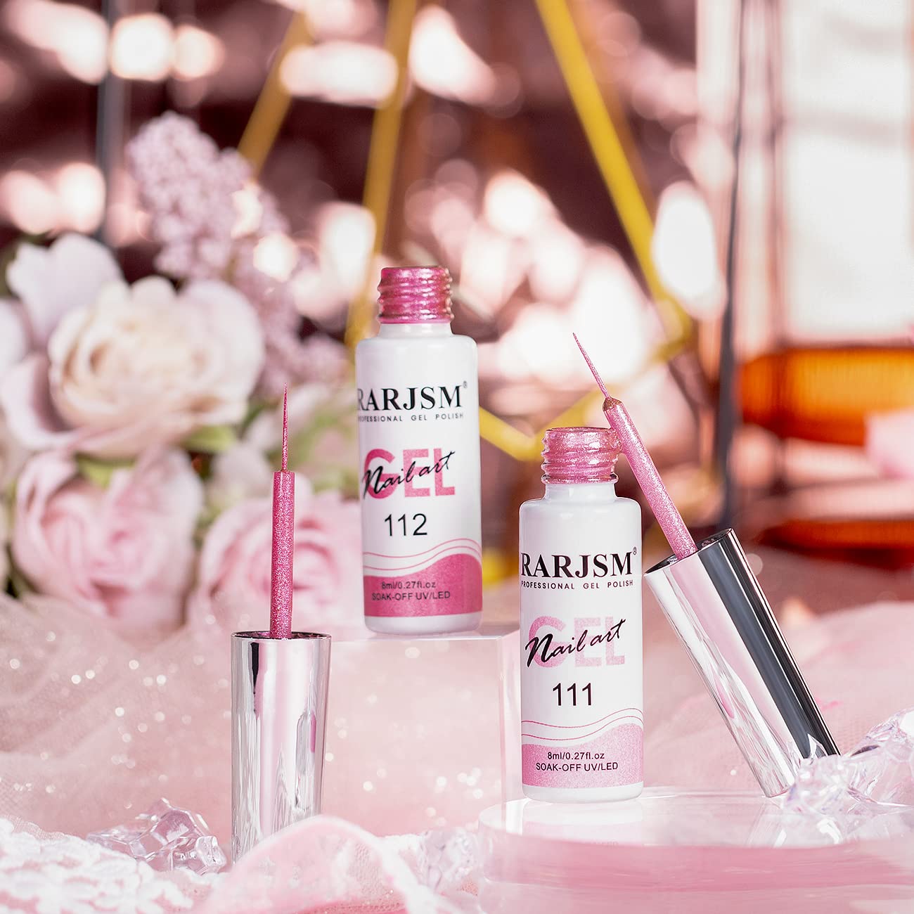 RARJSM Metallic Gel Liner Nail Art Pink,Glitter Painting Gel Nail Polish 2PCS Set,Mirror Chrome Hot Pink Drawing Line Art Gel with Thin Brush Nail Design Line Wire Curing Requires 8ml DIY Manicure