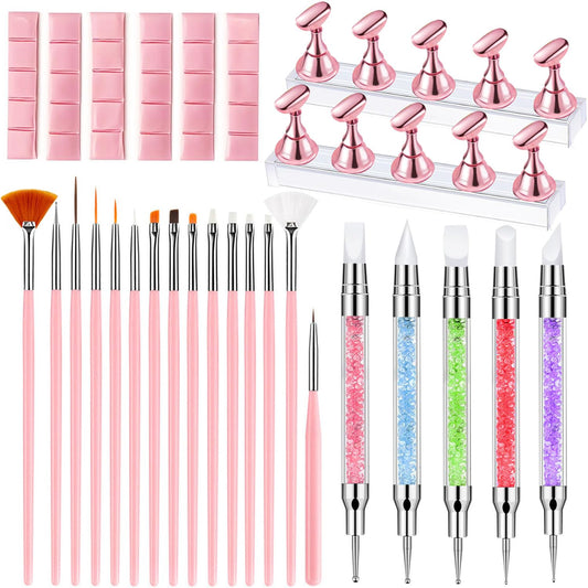 Nail Art Tools,Nail Art Brush,2 sets Nail Stand,5 PCS Dual Tipped Nail Dotting Tool and Sculpture Pen, Acrylic Silicone Nail Pen, Nail Design Tools
