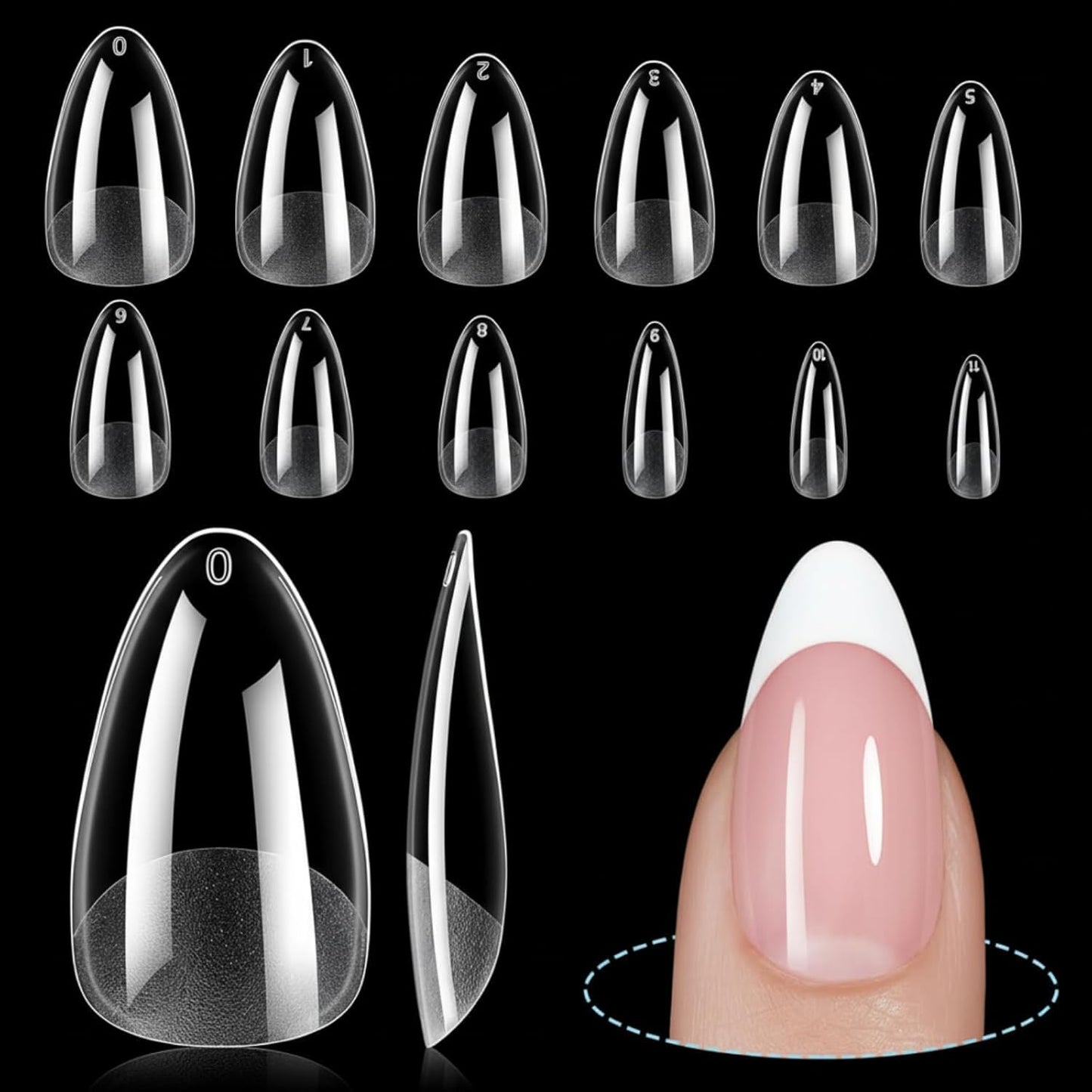 TOMICCA Medium Almond Nail Tips, 192Pcs 12 Sizes Acrylic Pre Buffed Medium Almond False Tips, Full Cover Half Matte Nails for Nail Art Extension Press on Nails