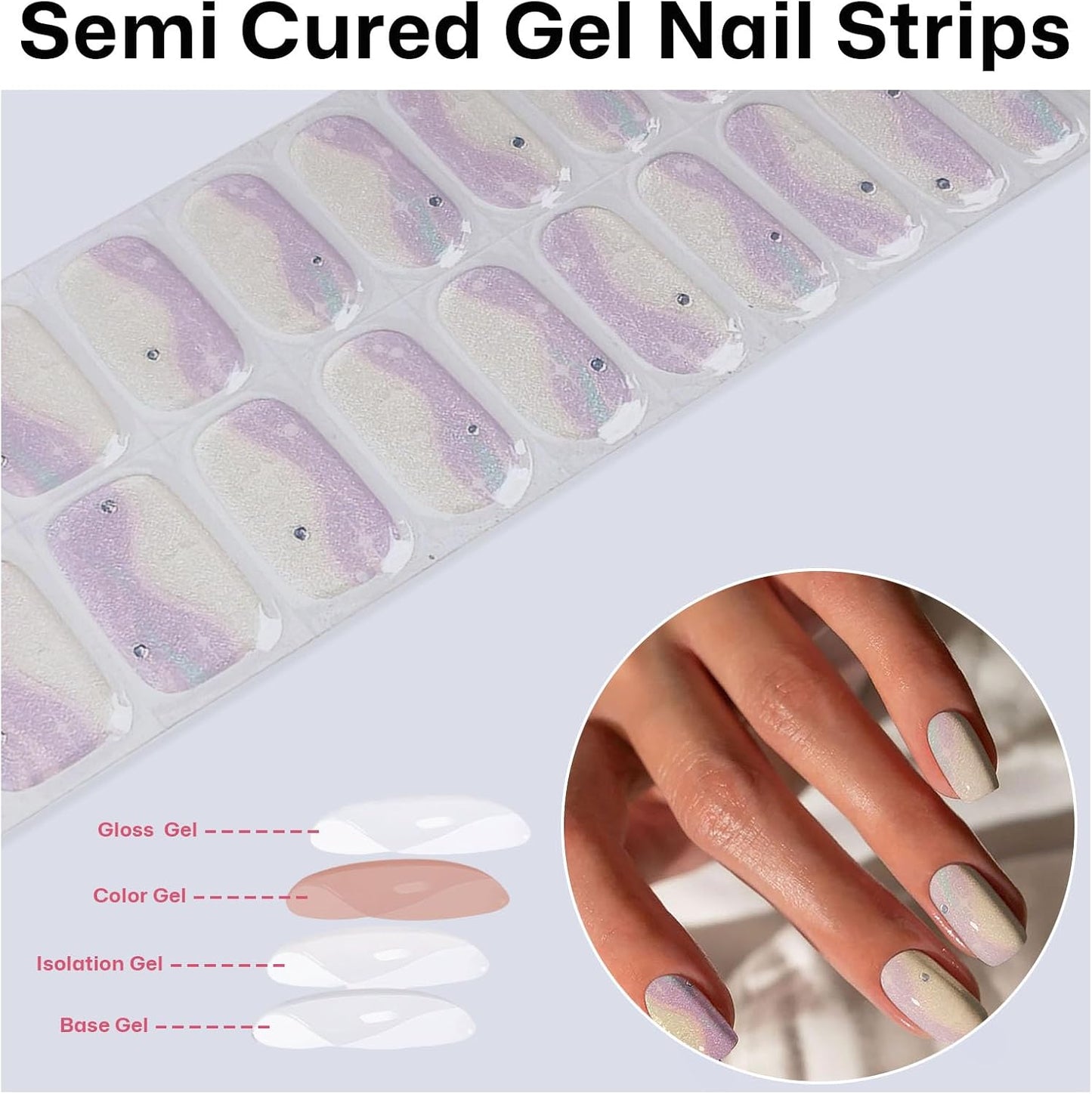 Semi Cured Gel Nail Strips with Purple and white Glitter Designs Gel nail stickers Glossy Nail strips Salon Quality & Easy to Use 20 Pcs for Women