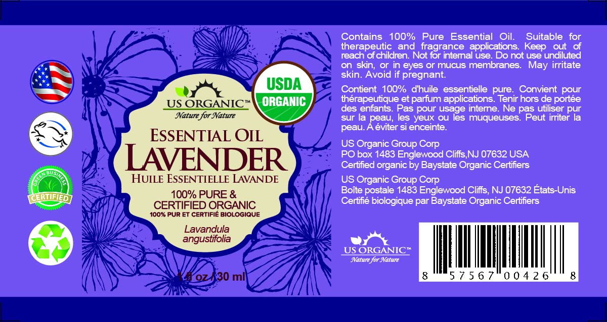 US Organic 100% Pure Lavender Essential Oil, Directly sourced from Bulgaria, USDA Certified Organic, Undiluted, for Diffuser, Humidifier, Massage, Skin, Hair Care, Non GMO, 30 ml 2 Pack