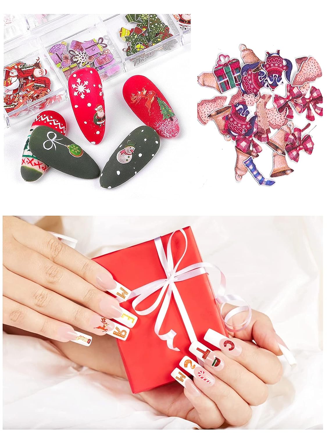 Kalolary 2 Boxes Christmas Nail Art Sequins Sticker, 3D Santa Claus Snowflake Elk Decals for Acrylic Nails, Christmas Tree Wood Pulp Glitter Flakes for Winter Nail Art Decorations