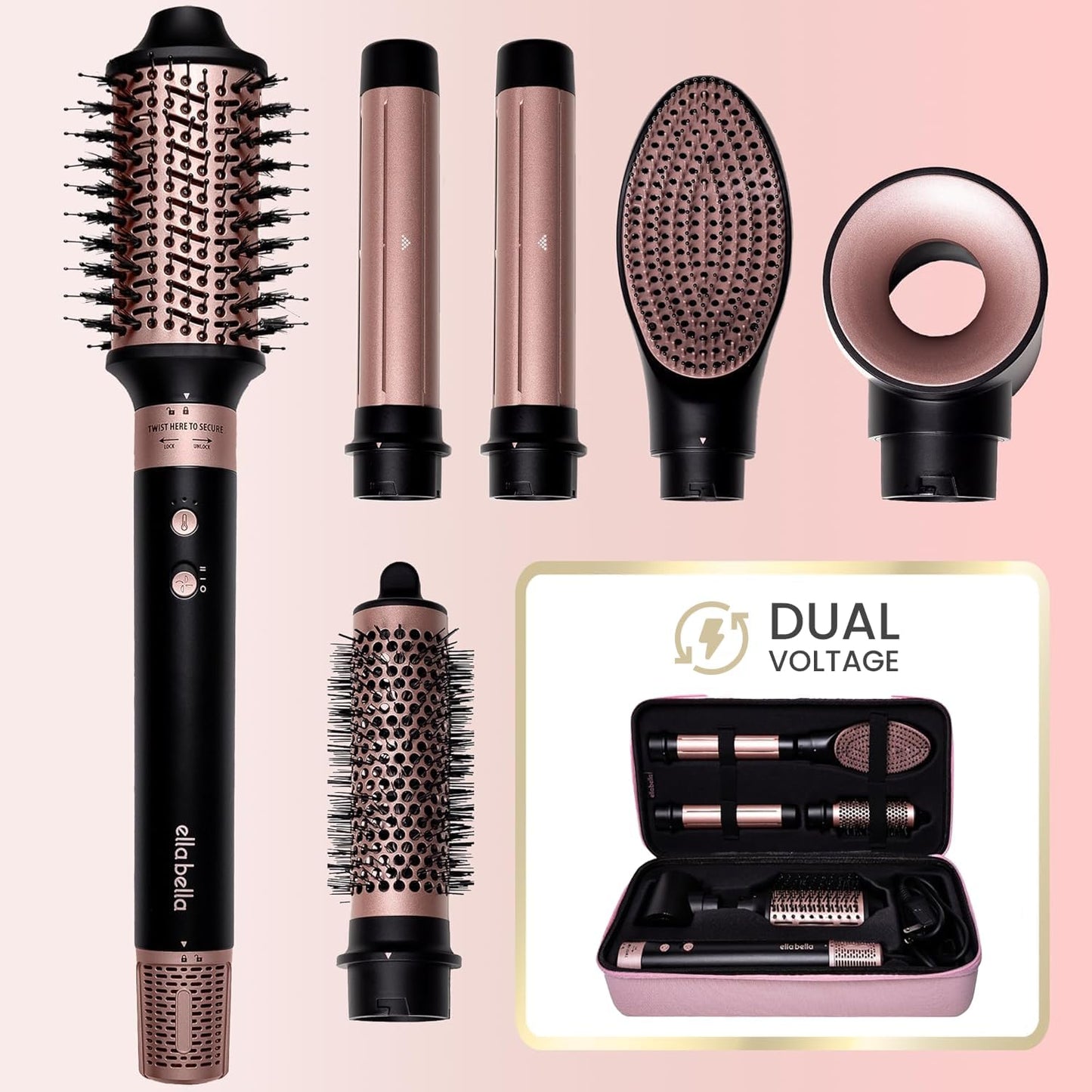 ELLA BELLA® 6 in 1 Professional Hot Air Styler Dual Voltage • Powerful Hair Dryer & Straightener Set • Styling Without Heat Damage • Fast Drying Curling Volumizing Straightening • with Travel Case