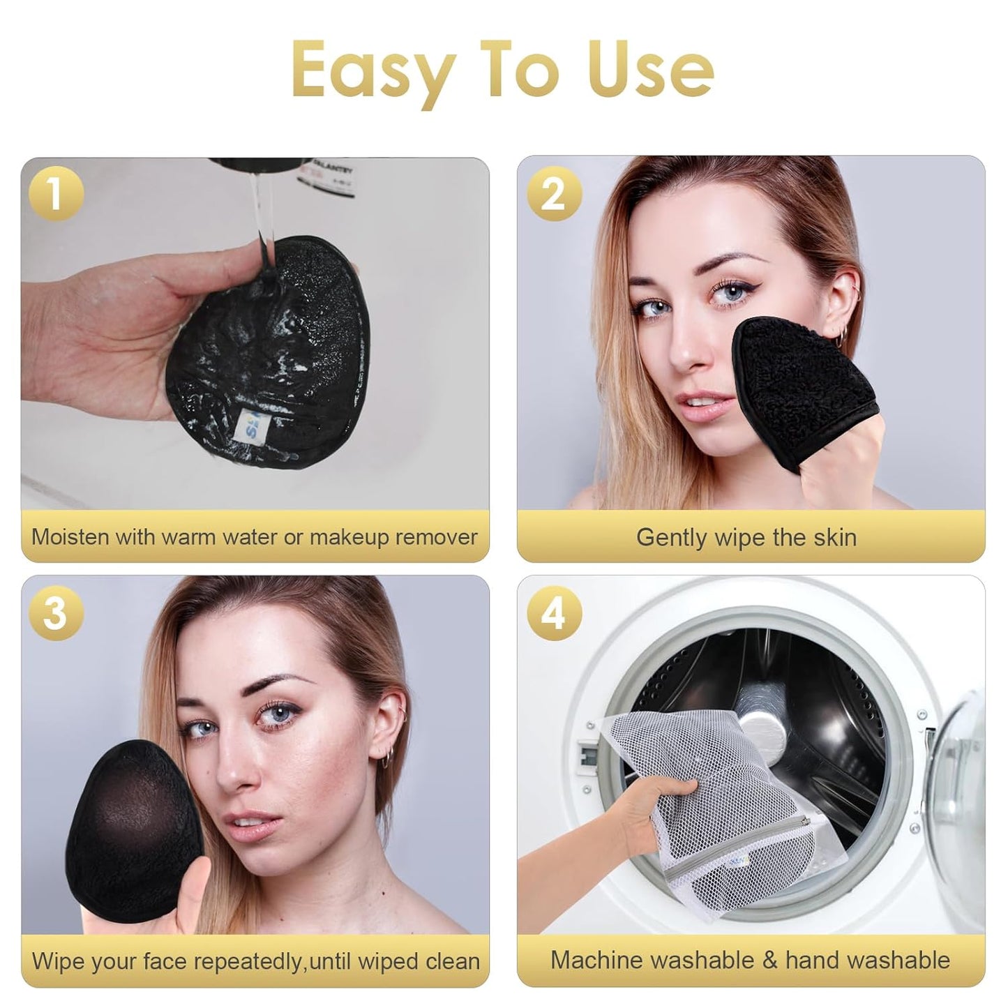 SINLAND Reusable Makeup Remover Pads For Face,Eye,Lips Microfiber Gentle Facial Cleansing Cloths for All Skin Types Friendly for Makeup Remover With Laundry Bag Black Pack of 12