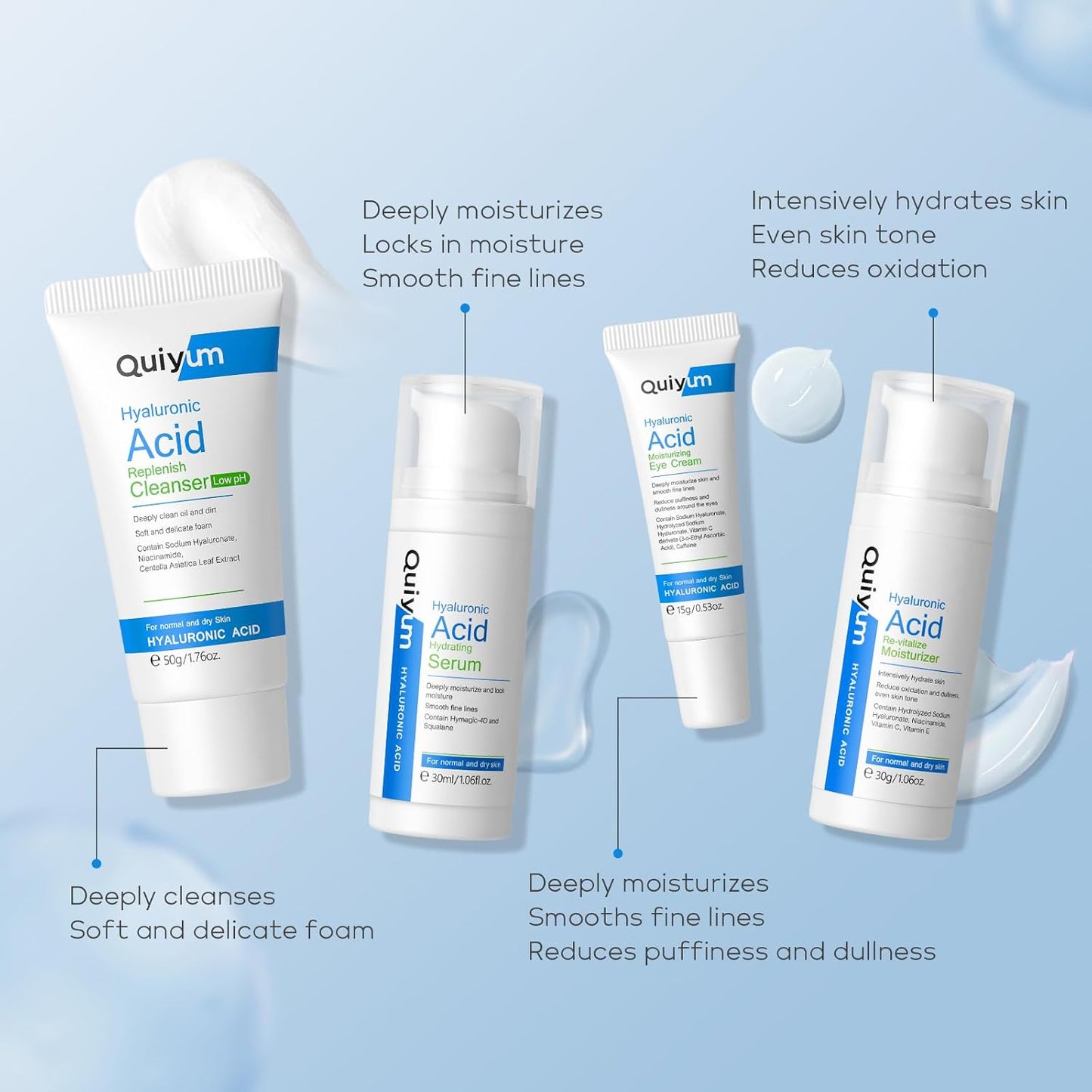 Hyaluronic Acid Skin Care Set, Hydration Kit for Women Teen Girls, Low pH Cleanser, Moisturizer, Serum, Eye Cream, Anti Aging, Firming, Travel Size Facial Care Gift Set for Dry Sensitive Skin