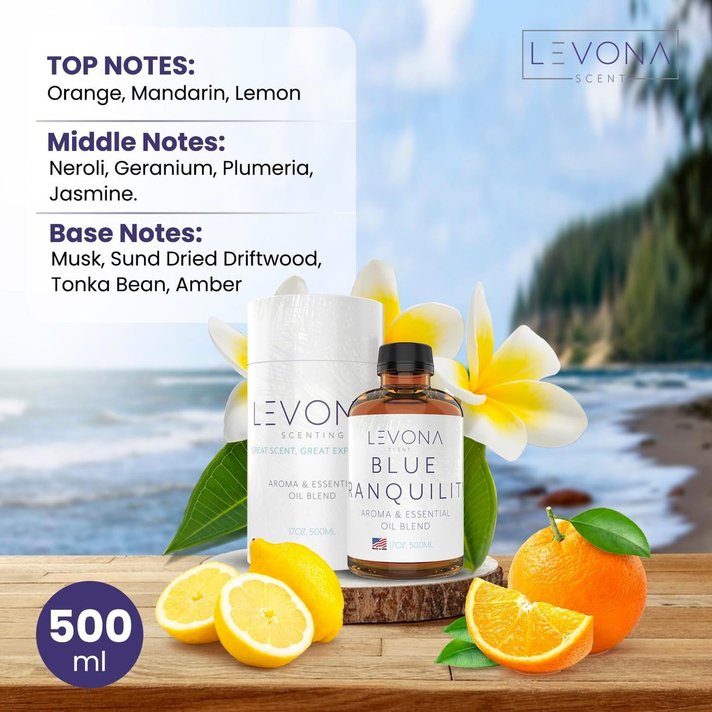 Levona Scent Pure Essential Oils: Blue Tranquility Aromatherapy Oils - Home Luxury Scents for Diffusers For Home, Hotel & Office - Scented Fragrance Oil Blends - Essential oil for Humidifiers - 500 Ml
